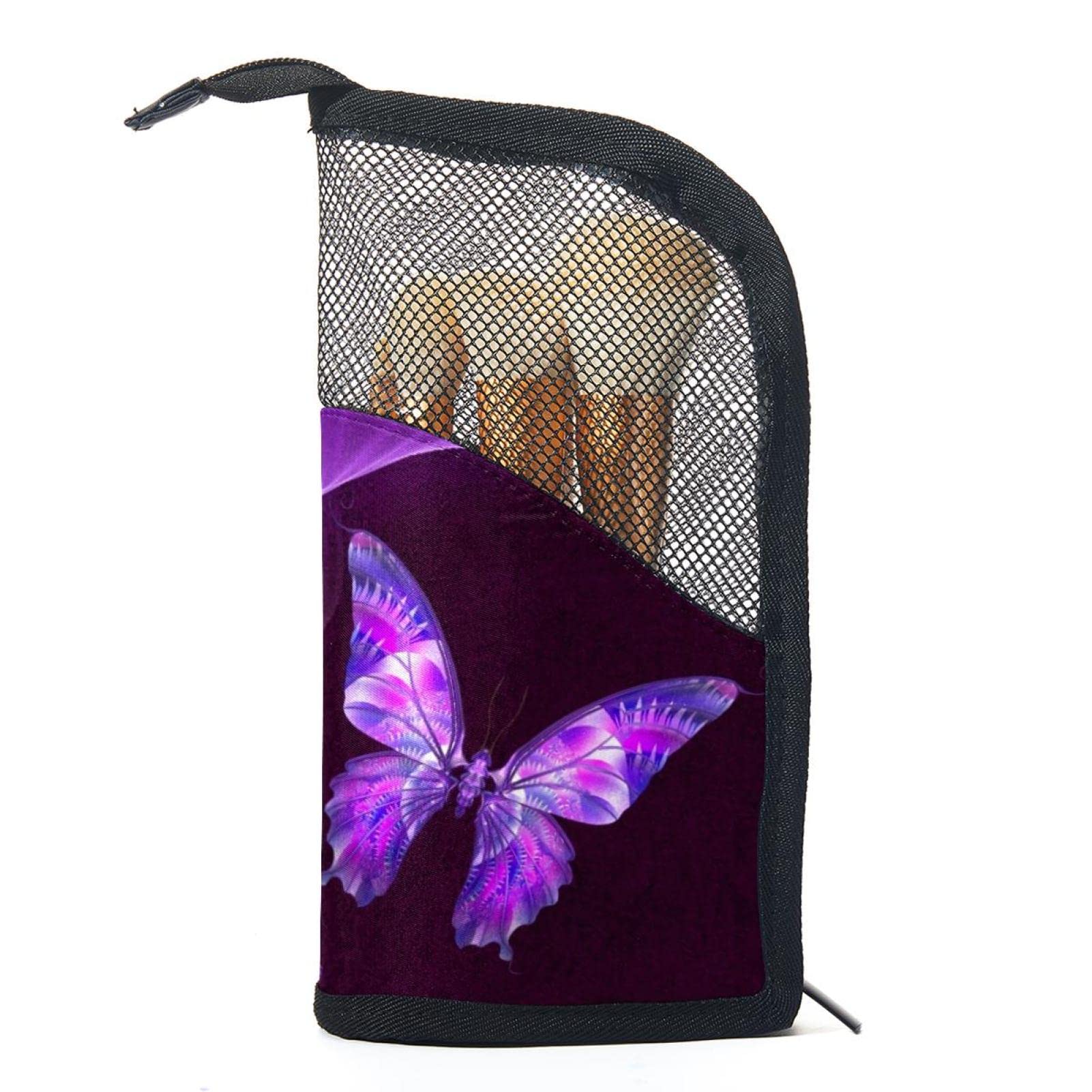12-Piece Makeup Brush Organizer Bag with Purple Butterflies & Flowers Design - Portable Cosmetic Brush Holder Case for Travel, Home & Professional Makeup Artists