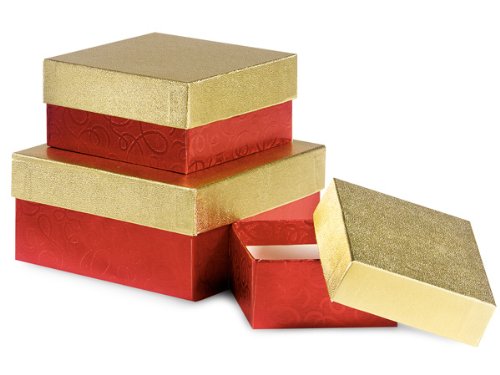 Red Scroll Swirl Embossed Gift Box Set - 3pc Nested Square Boxes for Christmas & Special Occasions