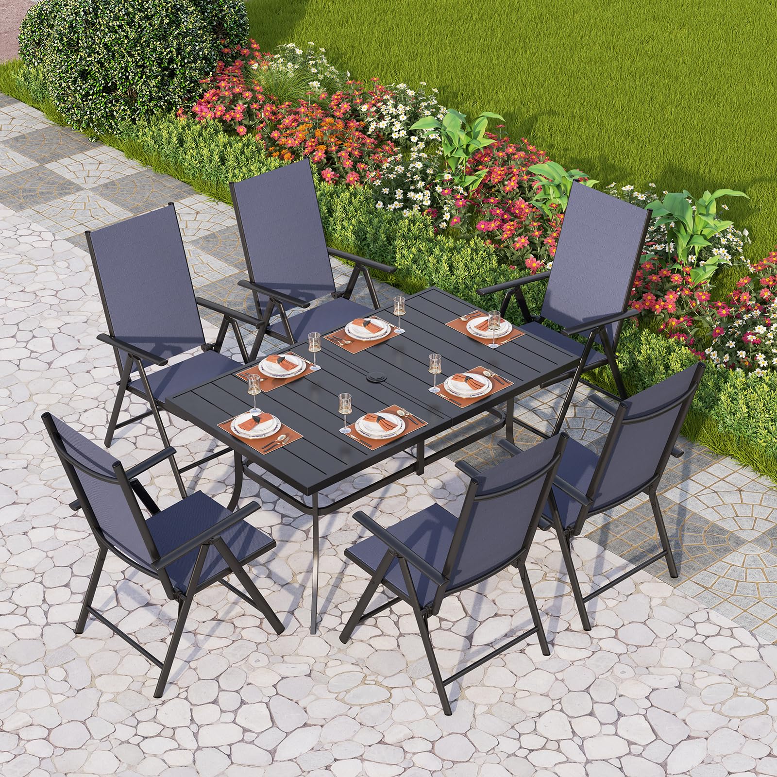 PHI VILLA 6-Piece Outdoor Patio Dining Set with Adjustable Foldable Chairs & Steel Table - Blue Garden Furniture for Backyard, Poolside & BBQ Parties