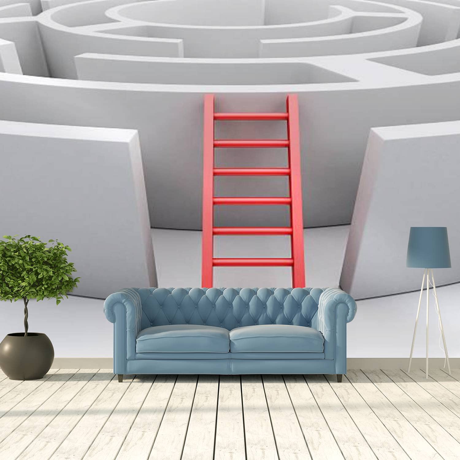 3D White Maze with Red Stairs Removable Peel and Stick Wallpaper - Modern Self-Adhesive Wall Mural for Living Room, Bedroom & TV Background - Easy DIY Home Decor for Kids Room, Nursery, Office & Dorm