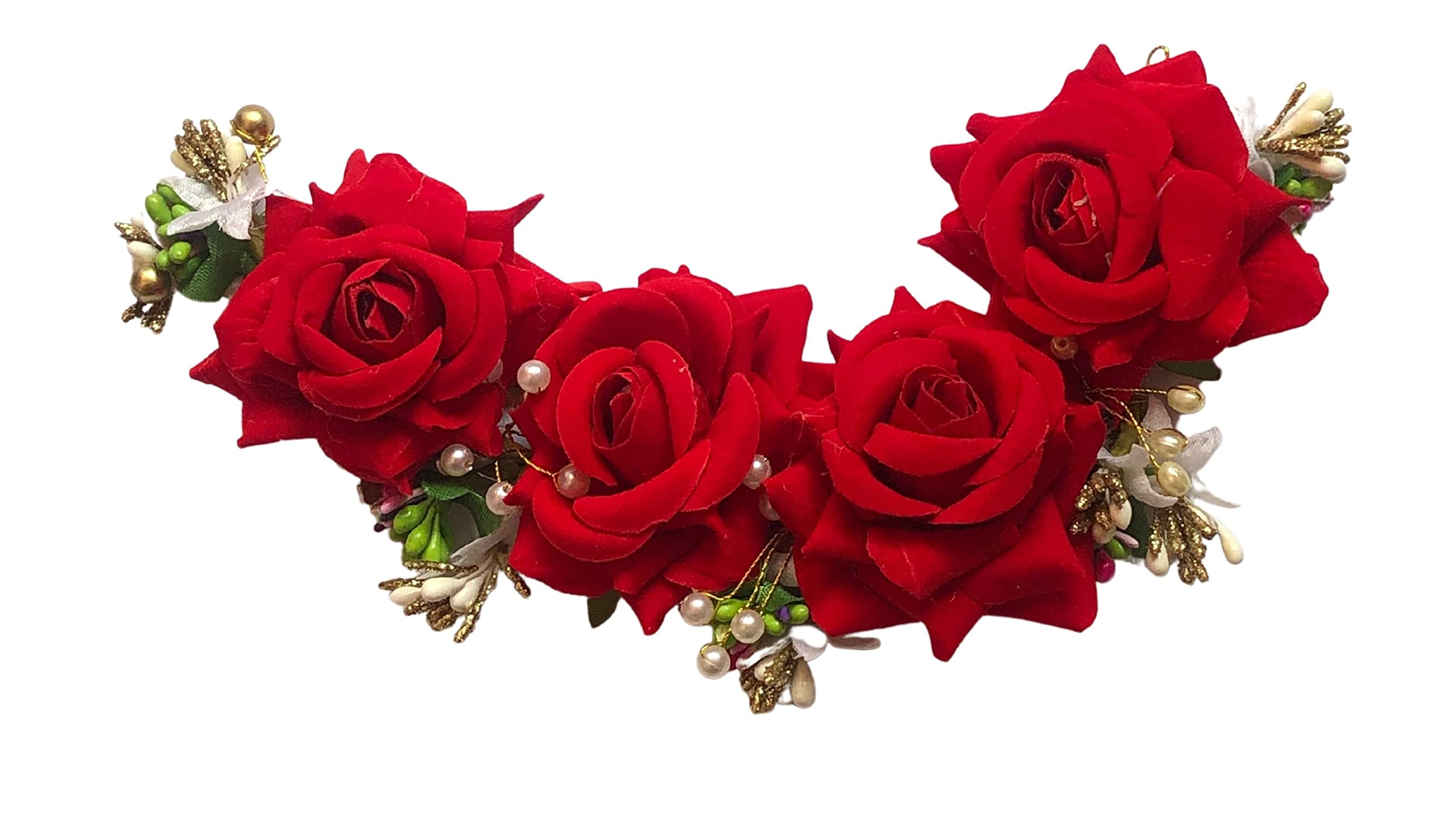 Handmade Pearl & Rose Flower Hair Bun | Bridal Hair Pin | Wedding & Bridesmaid Hair Jewelry | Artificial Gajra Veni Hair Accessory (Red) – Perfect for Weddings, Parties & Special Occasions