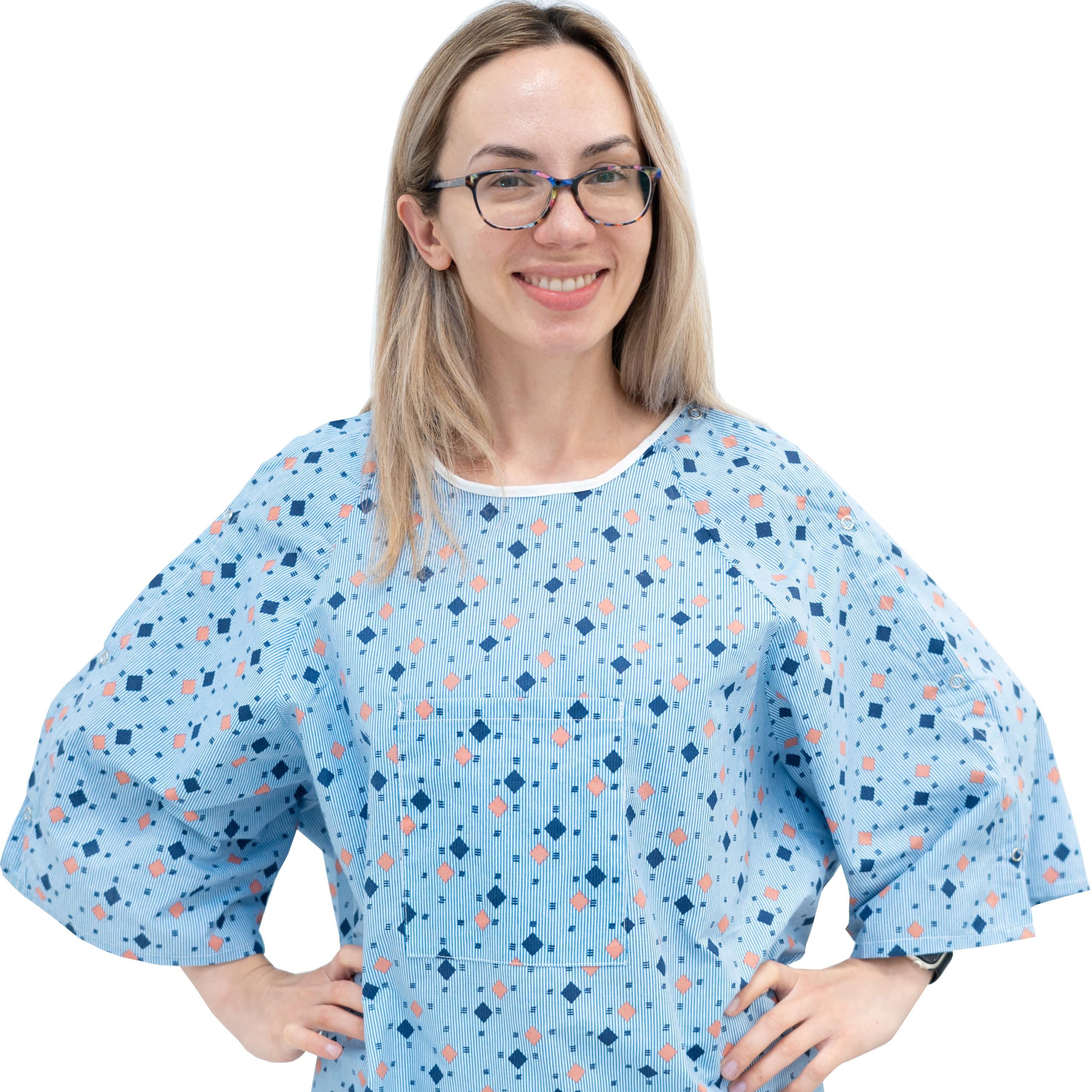 AMU Solutions 3 Pack Unisex Hospital Gowns with IV Snap Sleeves - Comfortable Patient Gowns Fits up to 2XL - Diamond Pattern Blue - Ideal for Hospital Visits, Medical Procedures & Home Care
