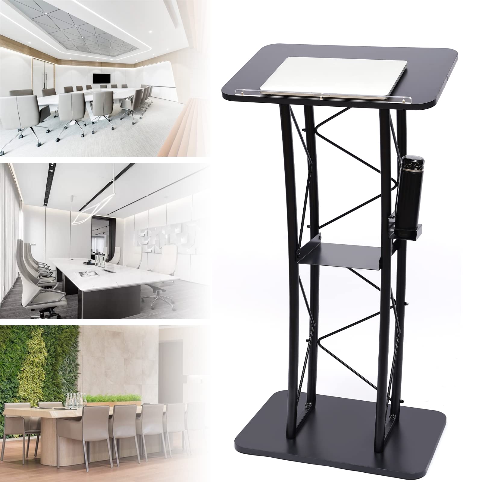 DNYSYSJ Acrylic Transparent Curved Podium Stand - Modern Lucite Lectern with Metal Truss & Cup Holder for Church, Office, School, Restaurant - Perfect for Presentations, Speeches & Events