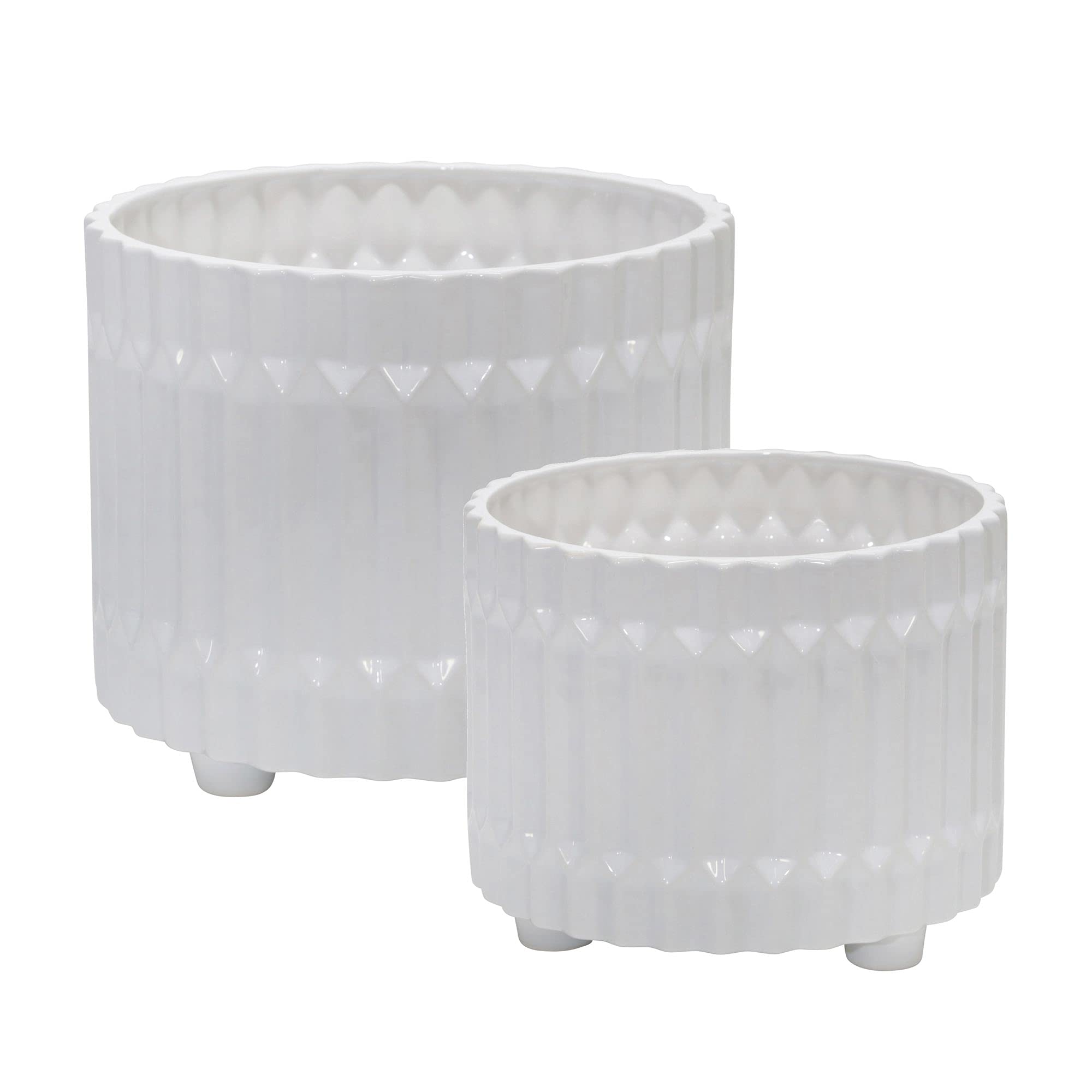 2 Pack White Fluted Ceramic Outdoor Planters - 12 Inch Modern Garden Pots for Patio, Balcony & Porch Decor - Weather-Resistant Flower Pots for Plants & Succulents