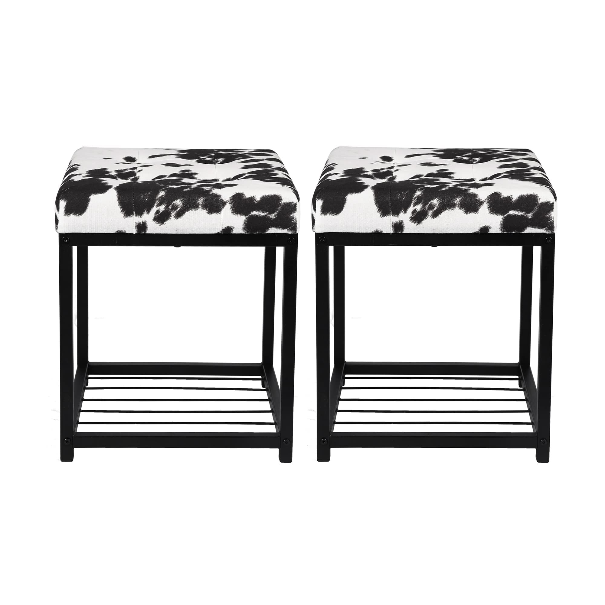 GIA 17'' Square Tufted Cow Print Ottoman Foot Stool with Sturdy Metal Frame - Set of 2, Black Metal Legs for Living Room, Bedroom & Dressing Room | Perfect for Extra Seating, Footrest & Home Decor