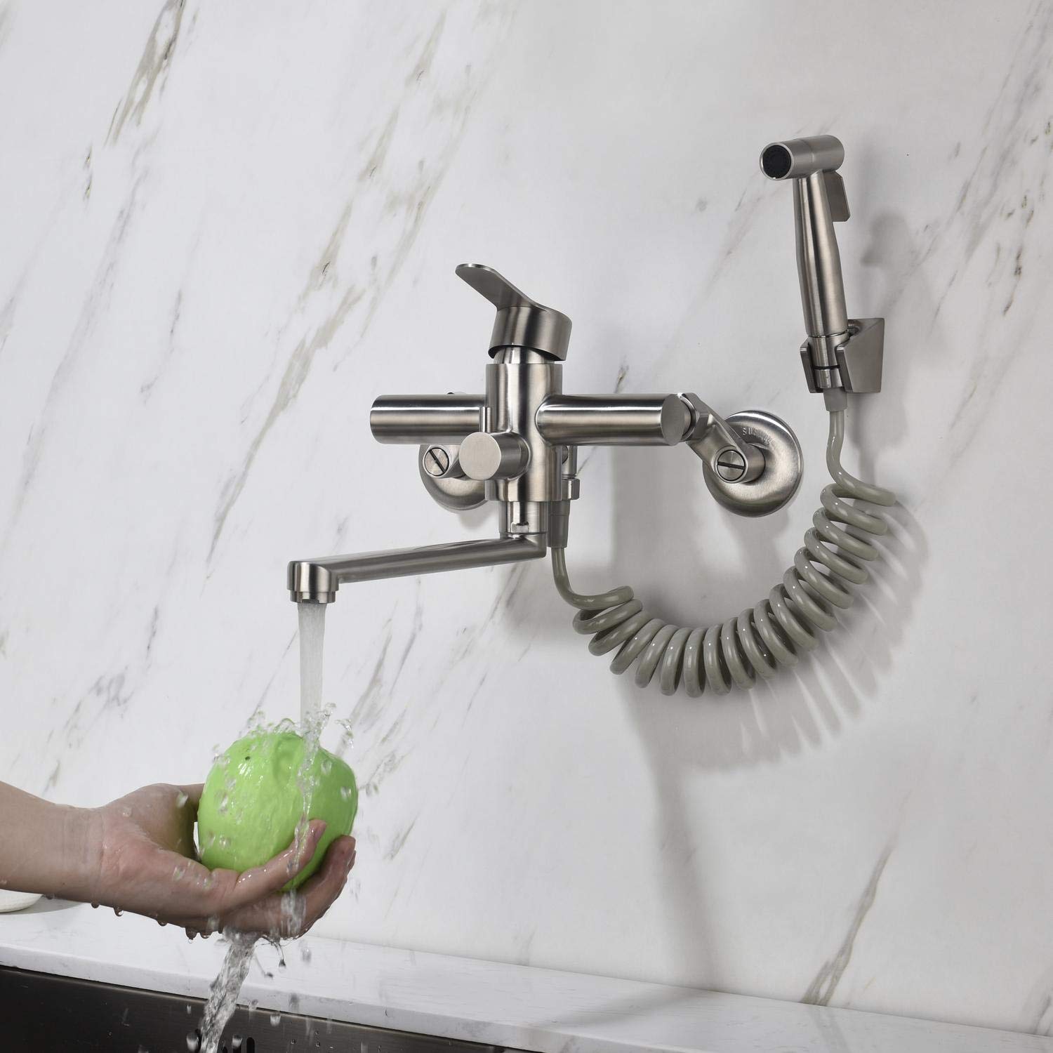 HomeLava Brushed Stainless Steel Wall-Mount Kitchen Sink Faucet with Spray Gun - Vegetable Washing & Multi-Purpose Kitchen Faucet for Modern Homes | Ideal for Cooking, Cleaning & Food Prep