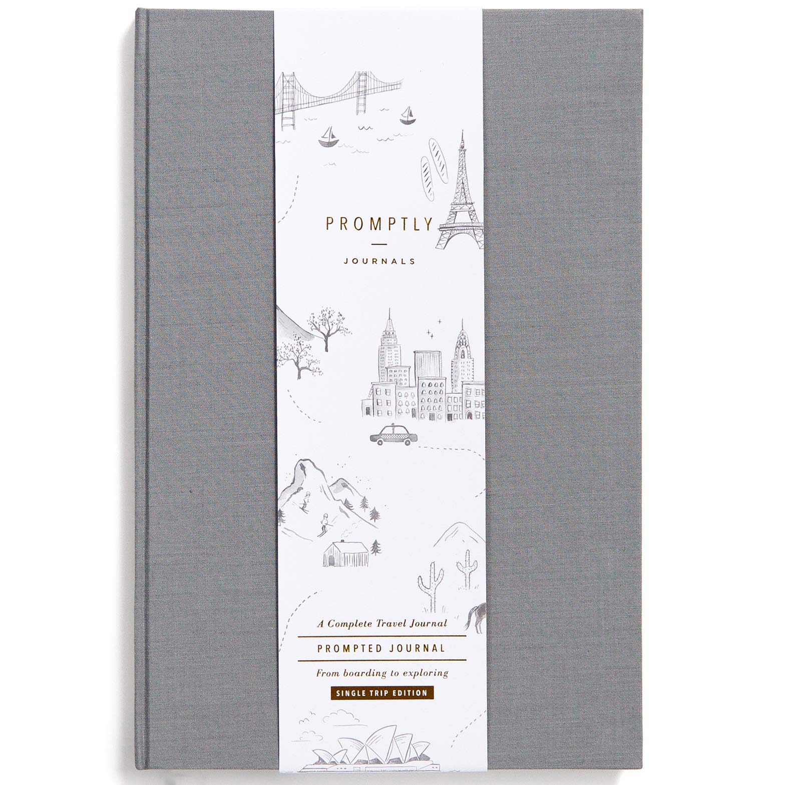 Promptly Journals - Complete Travel Journal for Boarding to Exploring (Grey, Linen) | Vacation Diary & Travel Memory Book | Road Trip Essentials | Perfect for Adventure Travelers & Holiday Planners