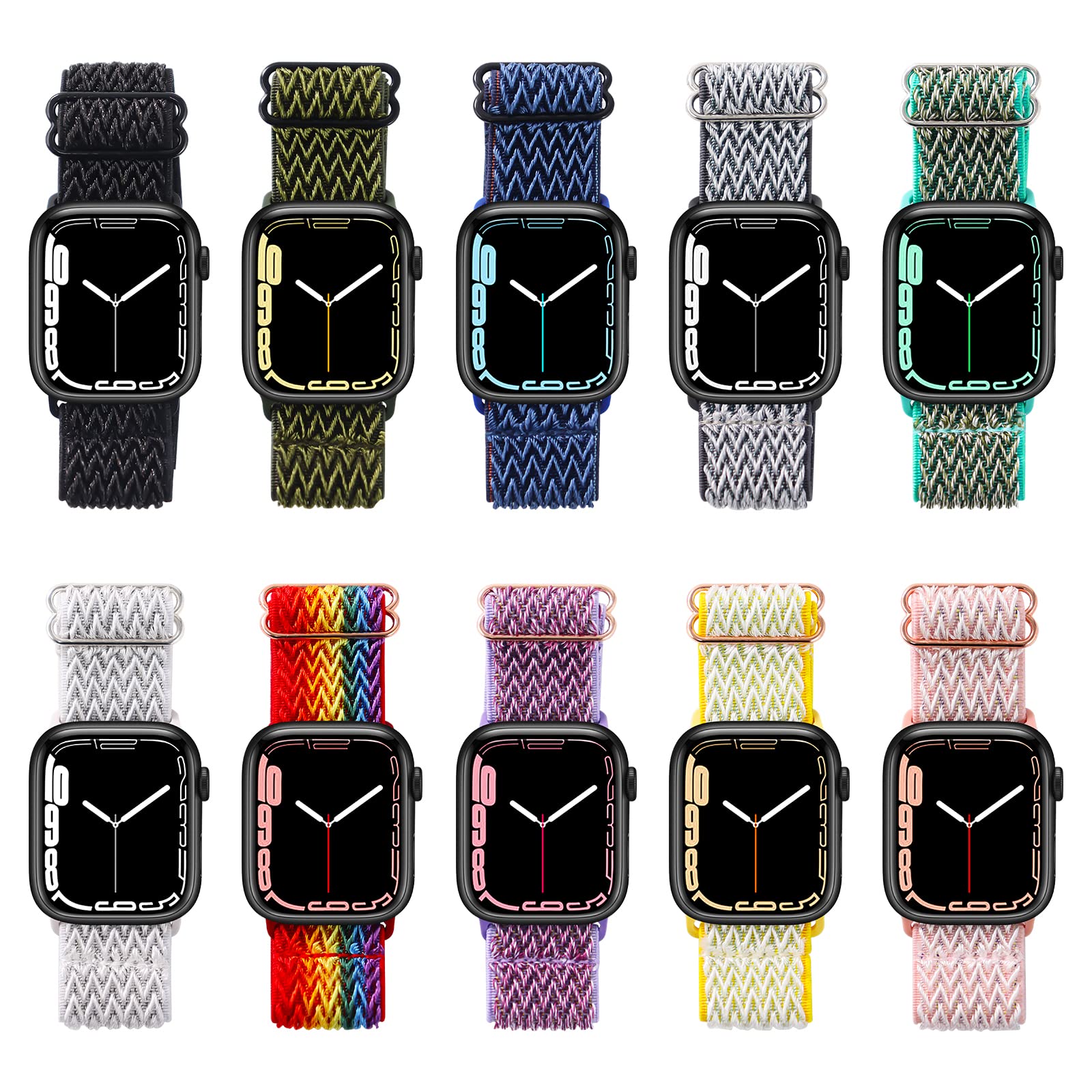 10 Pack Nylon Solo Loop Bands Compatible with Apple Watch Series 7/6/5/4/3/2/1/SE - Adjustable Braided Sport Elastic Wristbands for Men & Women - iWatch Accessories (38mm/40mm/41mm) - Perfect for Running, Gym Workouts & Everyday Wear