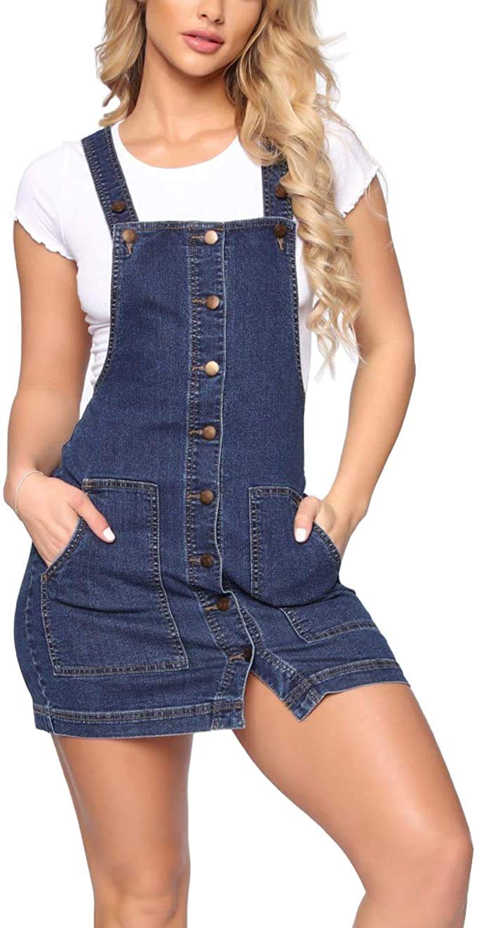PAODIKUAI Women's Strappy Button Front Mini Denim Bib Overall Dress Skirt with Pocket - Stylish Casual Outfit for Summer, Music Festivals & Streetwear Fashion