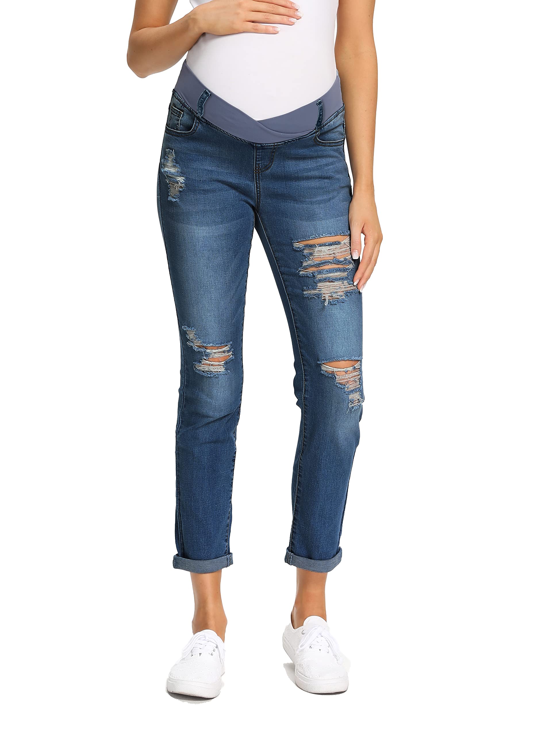 Foucome Women's Maternity Boyfriend Jeans - Stretch Ripped Denim with Pockets | Comfortable Pregnancy Jeans for Casual Wear & Maternity Outfits