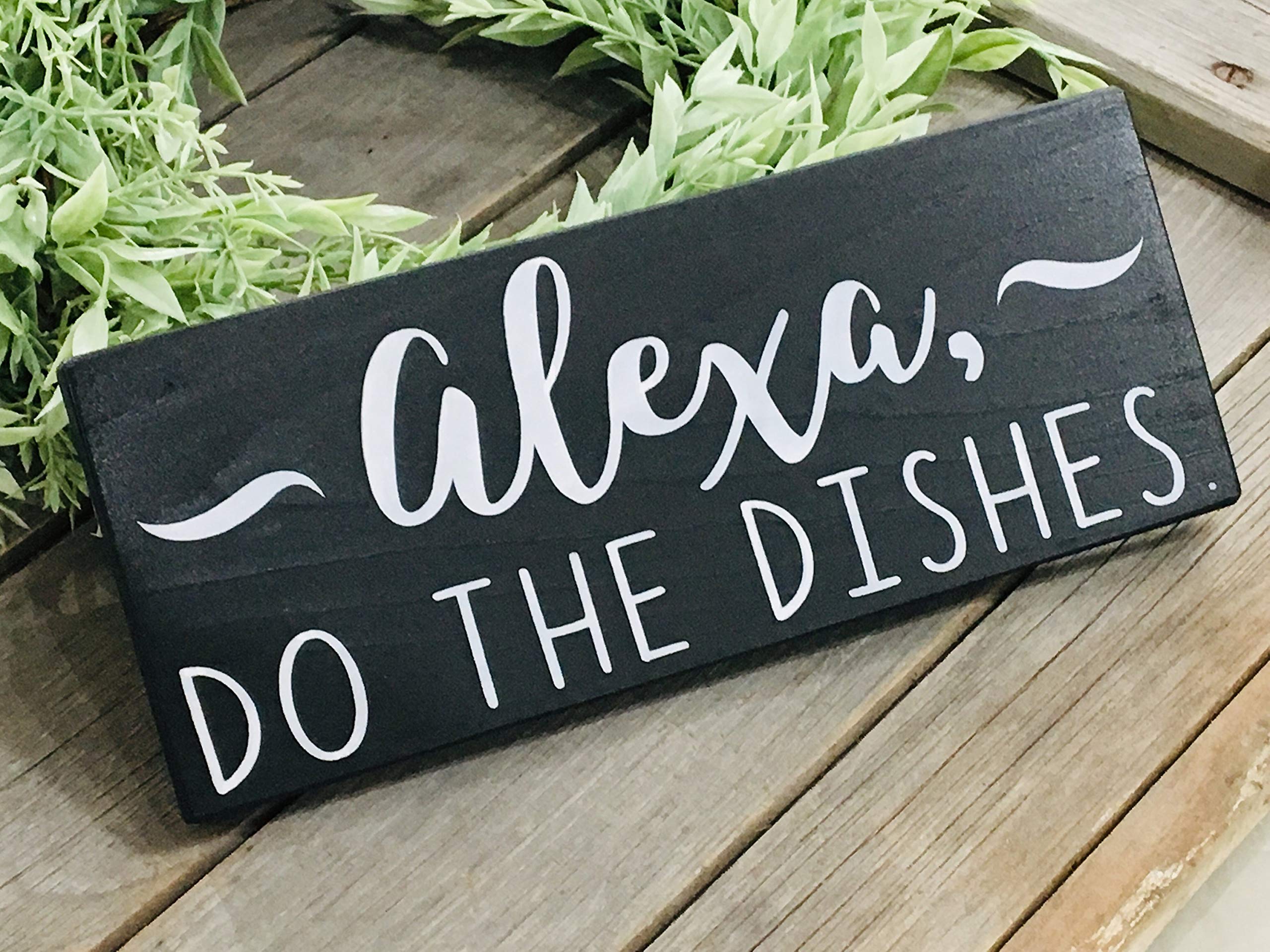 Funny Kitchen Signs - 'Alexa Do The Dishes' Rustic Wood Wall Decor for Farmhouse Style Kitchens | Perfect for Home, Coffee Shops & Gifts