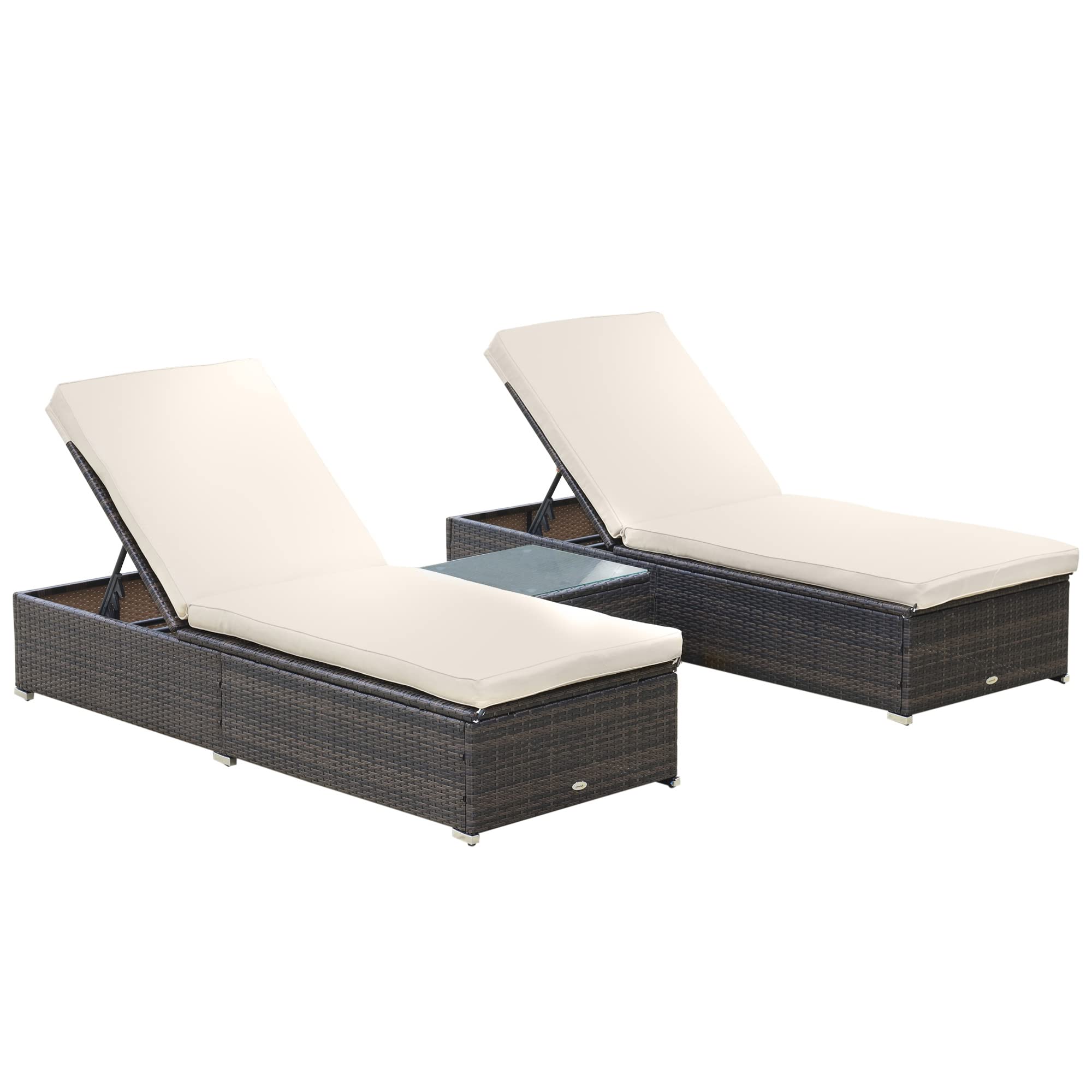 Outsunny 2-Piece Chaise Lounge Chair Set with 5-Position Adjustable Backrest, Outdoor Coffee Table & Waterproof Cushions - PE Rattan Wicker Poolside Furniture for Patio, Garden, Backyard Relaxation
