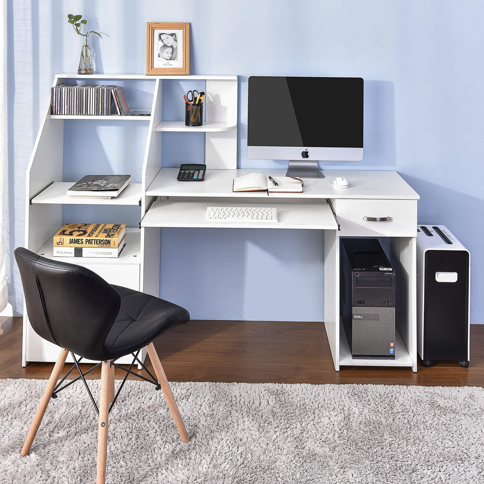 Kteam Multi-Functional Computer Desk with Storage Cabinet & Keyboard Tray - Home Office Furniture, Study Writing Desk (White) for Small Spaces & Workstations