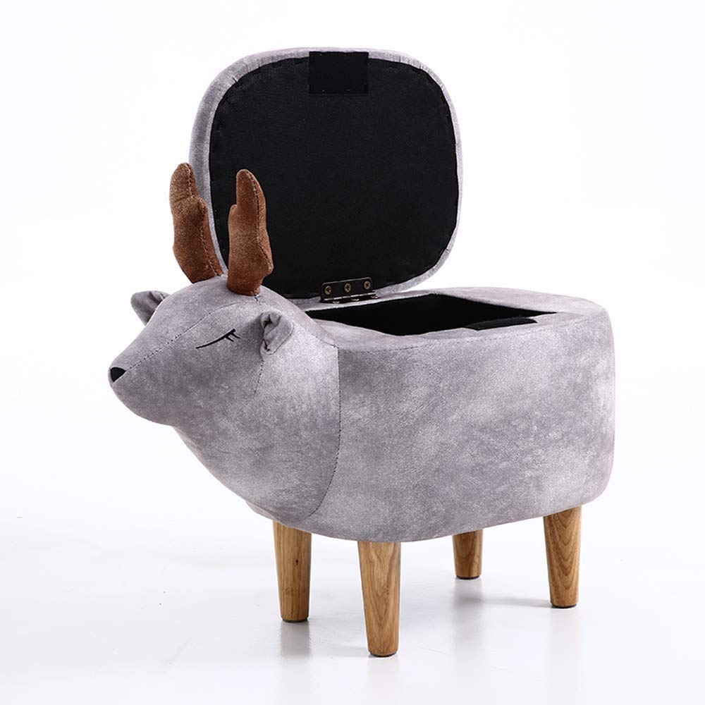 Nordic Lucky Deer Solid Wood Storage Ottoman - Velvet Upholstered Footstool for Kids, Children's Room Decor, Low Pouffe Stool with Cartoon Animal Design - Perfect for Birthday Gifts & Cozy Living Room (Gray)