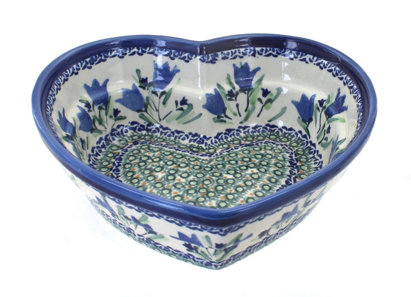 Handmade Blue Rose Polish Pottery Bowl - Large Heart-Shaped Ceramic Dish with Blue Tulip Design - Perfect for Home Decor, Gift Giving & Special Occasions