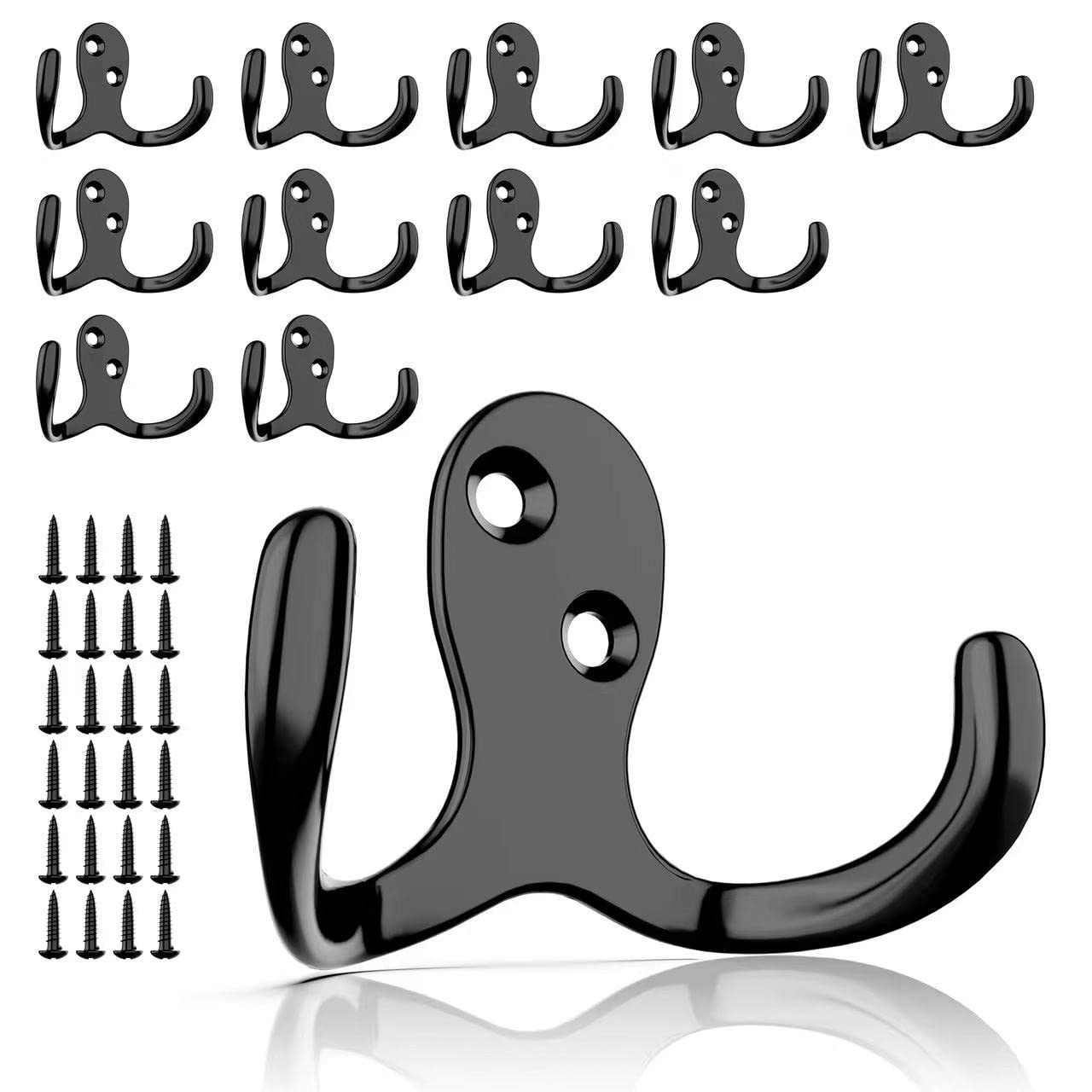 12 Pack Heavy Duty Double Coat Hooks with 24 Screws - Wall Mounted Hooks for Coats, Backpacks, Robes, Hats & Mugs - Durable Hanging Solution for Home, Office, Closet & Entryway Organization