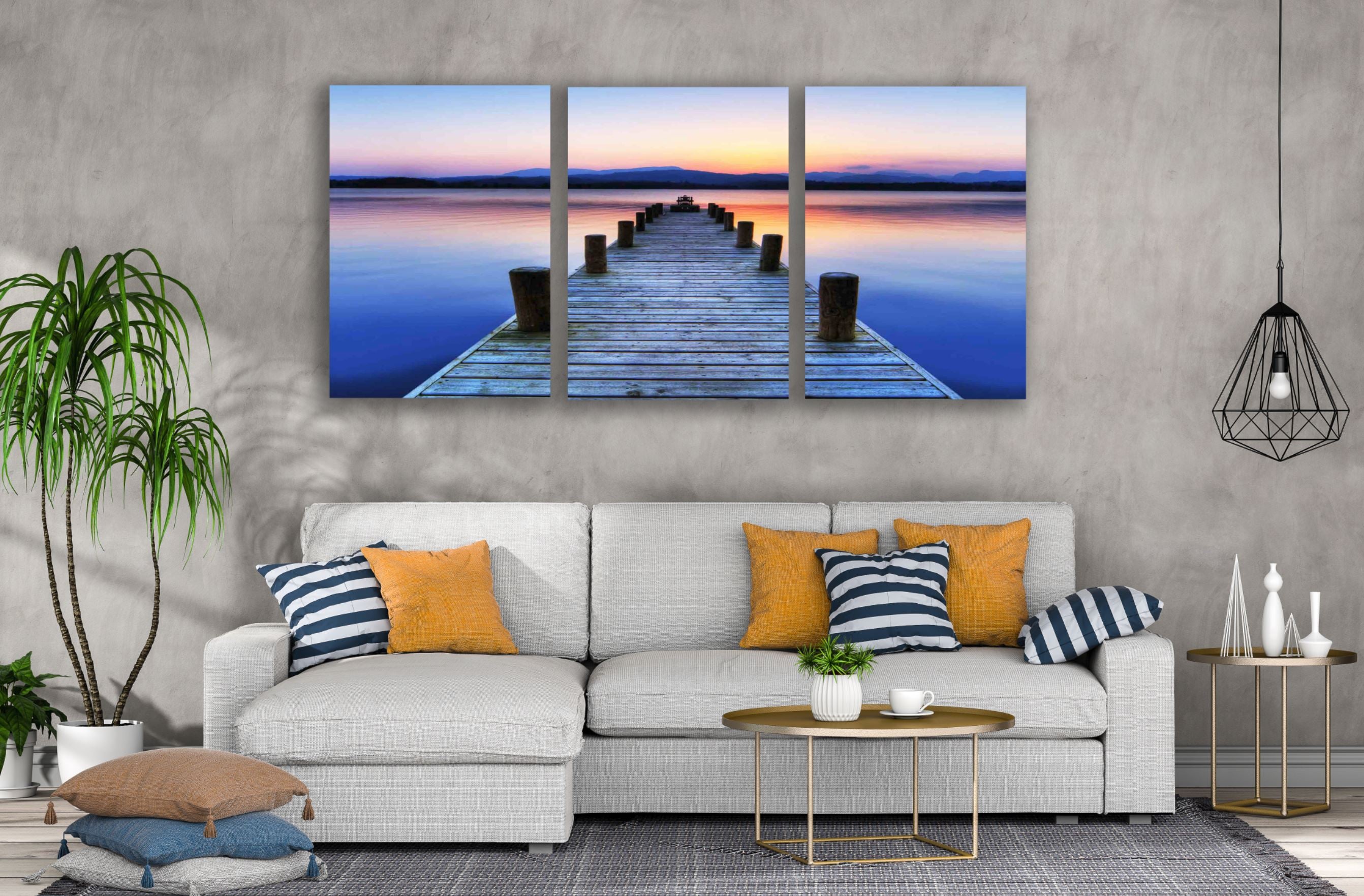 3-Piece Wooden Pier Over Beach Sunset View Canvas Wall Art Print - High Quality 100% Australian Made - Ready to Hang for Living Room, Bedroom & Office Decor
