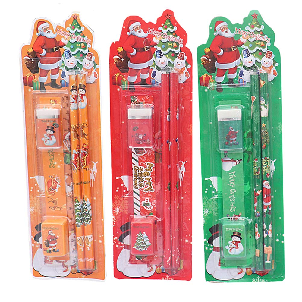 Cabilock 3-Piece Christmas Themed Stationery Set - Pencils, Erasers & Ruler - 5-Piece Kids School Supplies for Holiday Gifts, Classroom & Home Study
