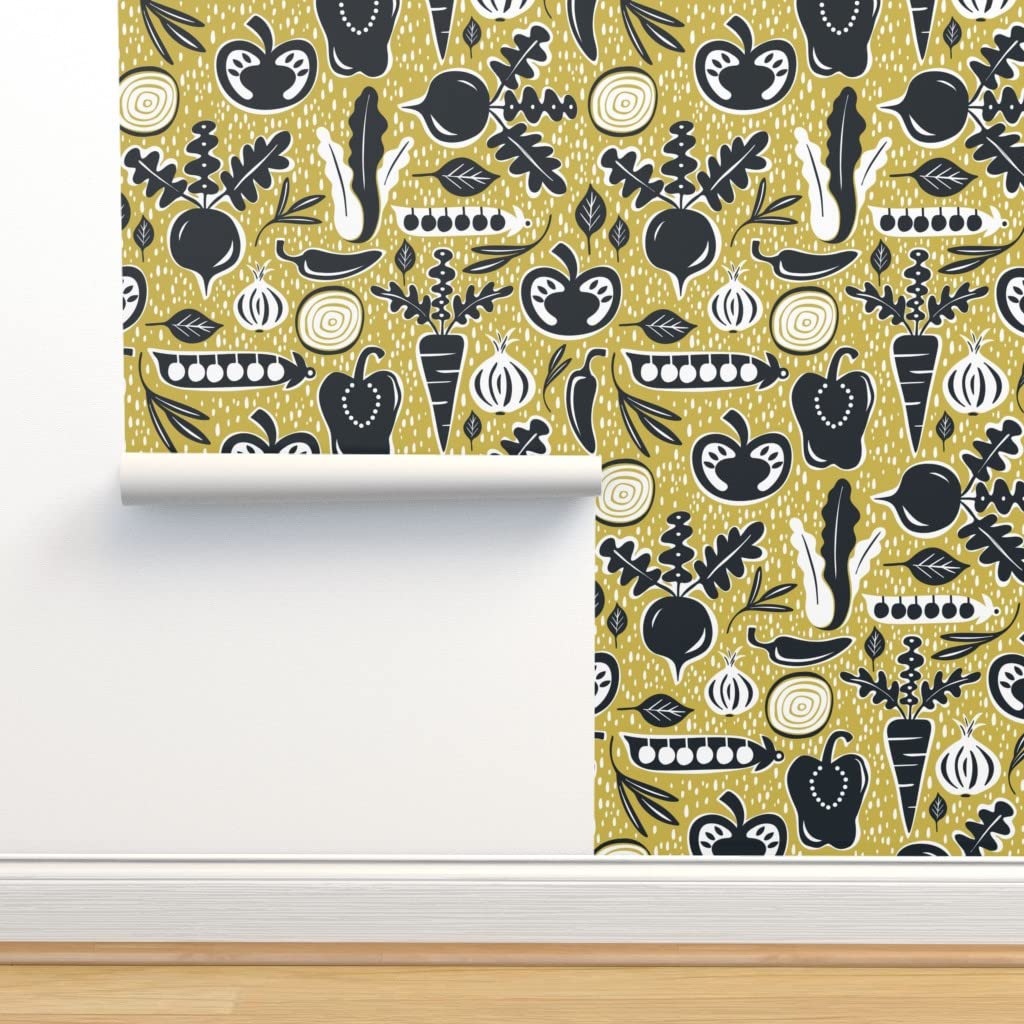 Premium Commercial Grade Wallpaper - 27ft x 2ft Veggie Garden Yellow Summer Design | Traditional Vegetable & Food Gardening Pattern by Spoonflower | Perfect for Kitchens, Restaurants, and Farmhouse Decor