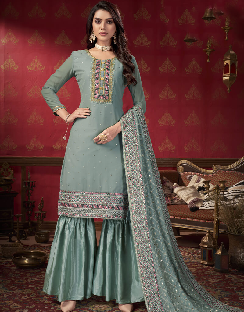 Blue Fox Georgette Sharara Salwar Suits for Women - Elegant Indian Ethnic Wear for Weddings, Festivals & Special Occasions