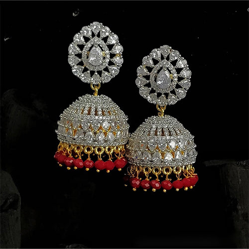 American Diamond Jhumki Style Earrings with Red Color Stone (E667) - Elegant Indian Ethnic Jewelry for Weddings, Parties & Festive Occasions