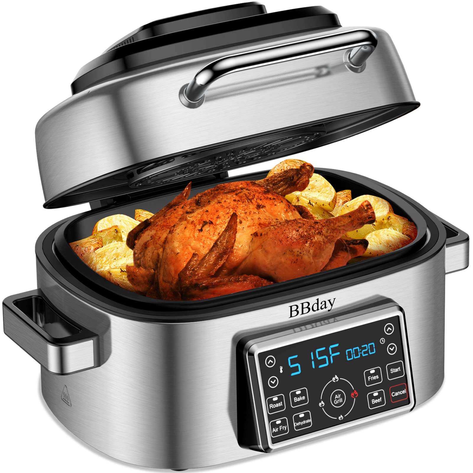 BBday 10-in-1 Electric Indoor Grill & Air Fryer Combo - 6.5QT Multi-Cooker for Grilling, Roasting, Baking & Dehydrating | 1660W Stainless Steel Kitchen Appliance | Perfect for Small Kitchens, Apartments & Healthy Cooking