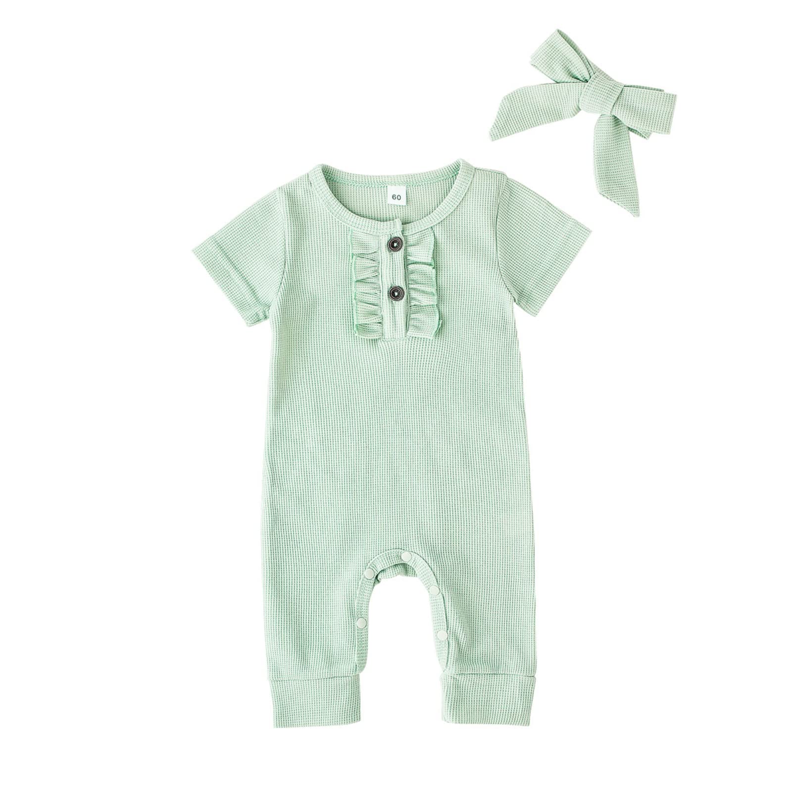 Karesoull Newborn Baby Girl Summer Romper - Waffle Knit Jumpsuit with Ruffle Collar & Ribbed Design | Soft Cotton Short Sleeve Outfit for Infant 0-12 Months | Perfect for Playdates, Beach Trips & Family Photos