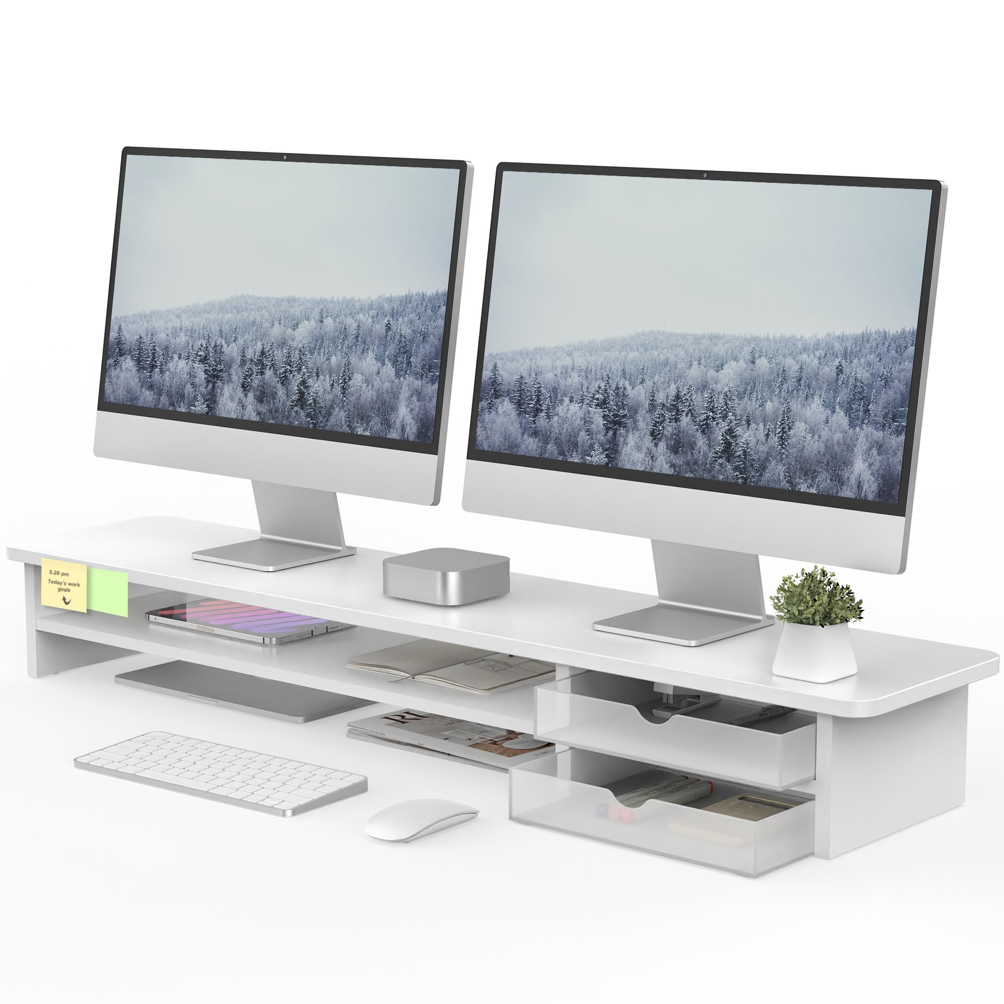 FENGE Dual Monitor Stand Riser with Storage Drawers - 2 Tier Wood & Acrylic Desktop Organizer for Computer, Laptop, Printer, TV - Space Saving Home Office Desk Accessory (White)