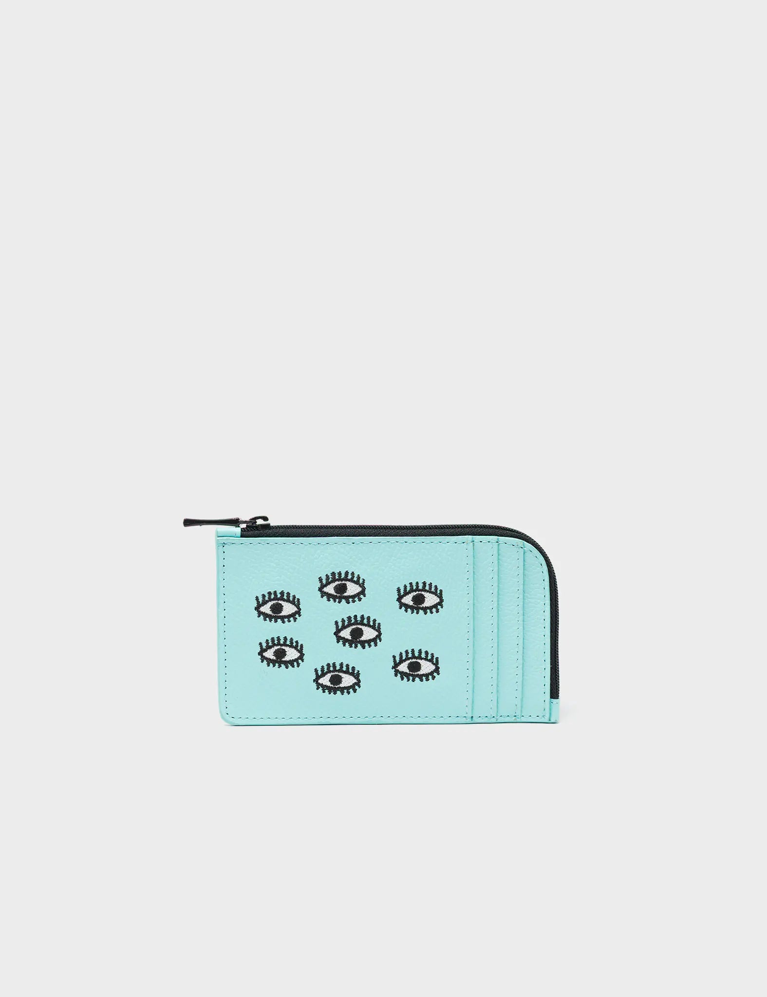 Fausto Acuatic Blue Leather Zip Around Cardholder with All Over Eyes Embroidery - Slim RFID Blocking Wallet for Men & Women - Perfect for Travel, Business & Everyday Use