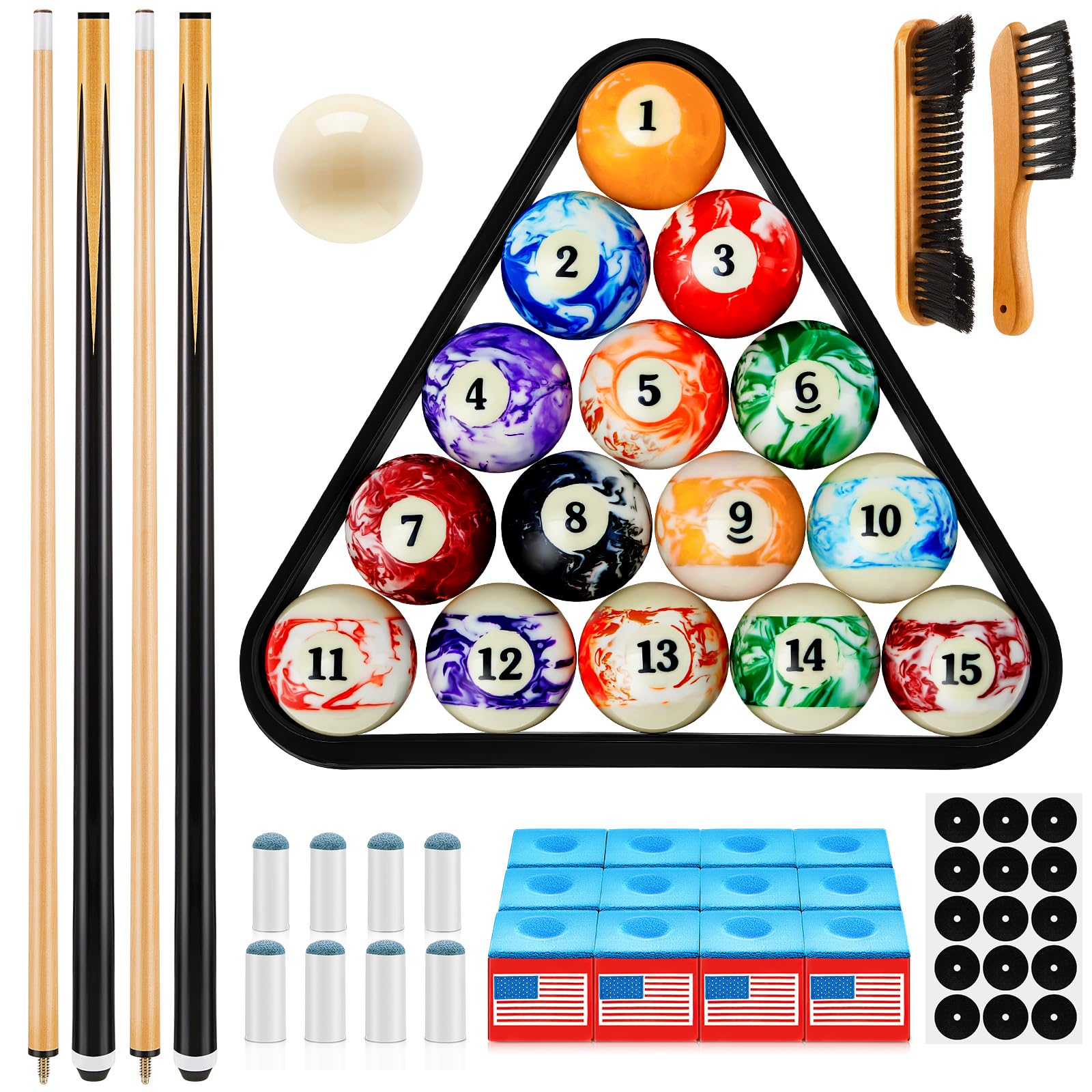 Outus 71-Piece Pool Table Accessories Set - Billiard Balls, Triangle Rack, Pool Cues, Chalk, Spot Stickers & Brush for Professional & Home Game Rooms
