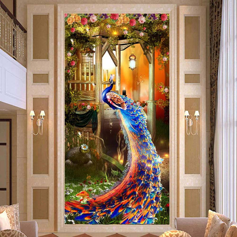 YIERLIFE Self-Adhesive Wall Mural - Blue Peacock Flower Art Design, Modern Removable Wallpaper for Home & Office Decor - Perfect for Living Room, Bedroom, Dining Room & Workspace