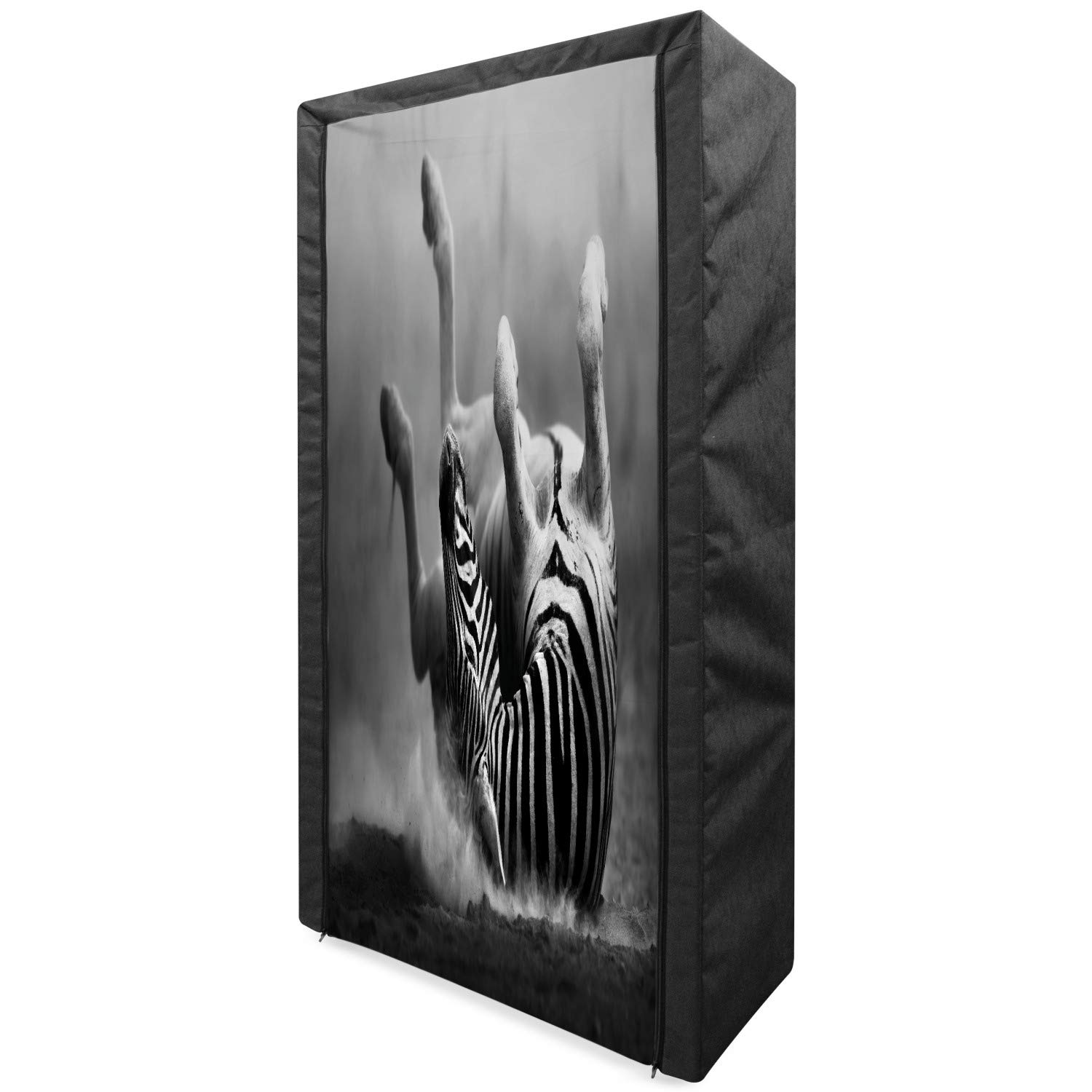 Ambesonne Africa Portable Fabric Wardrobe - Zebra Print Rolling in Dust Animal Design, Eco-Friendly Closet Organizer with Shelves for Clothes Storage, 33.5 Inch Black & White | Perfect for Bedroom, Dorm, or Travel Use