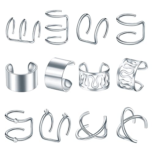 12 Pcs Minimalist Dainty Clip-On Hoop Earrings for Women - Silver One Size - No Piercing Required, Perfect for Parties, Weddings & Everyday Wear
