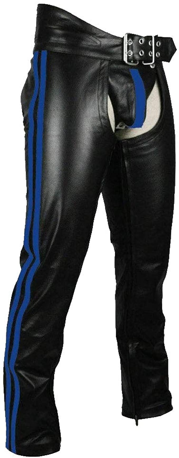 Men's Genuine Biker Cowhide Leather Chaps with Blue Stripes - Perfect for Motorcycle Riding, Biker Events & Fashion Outfits