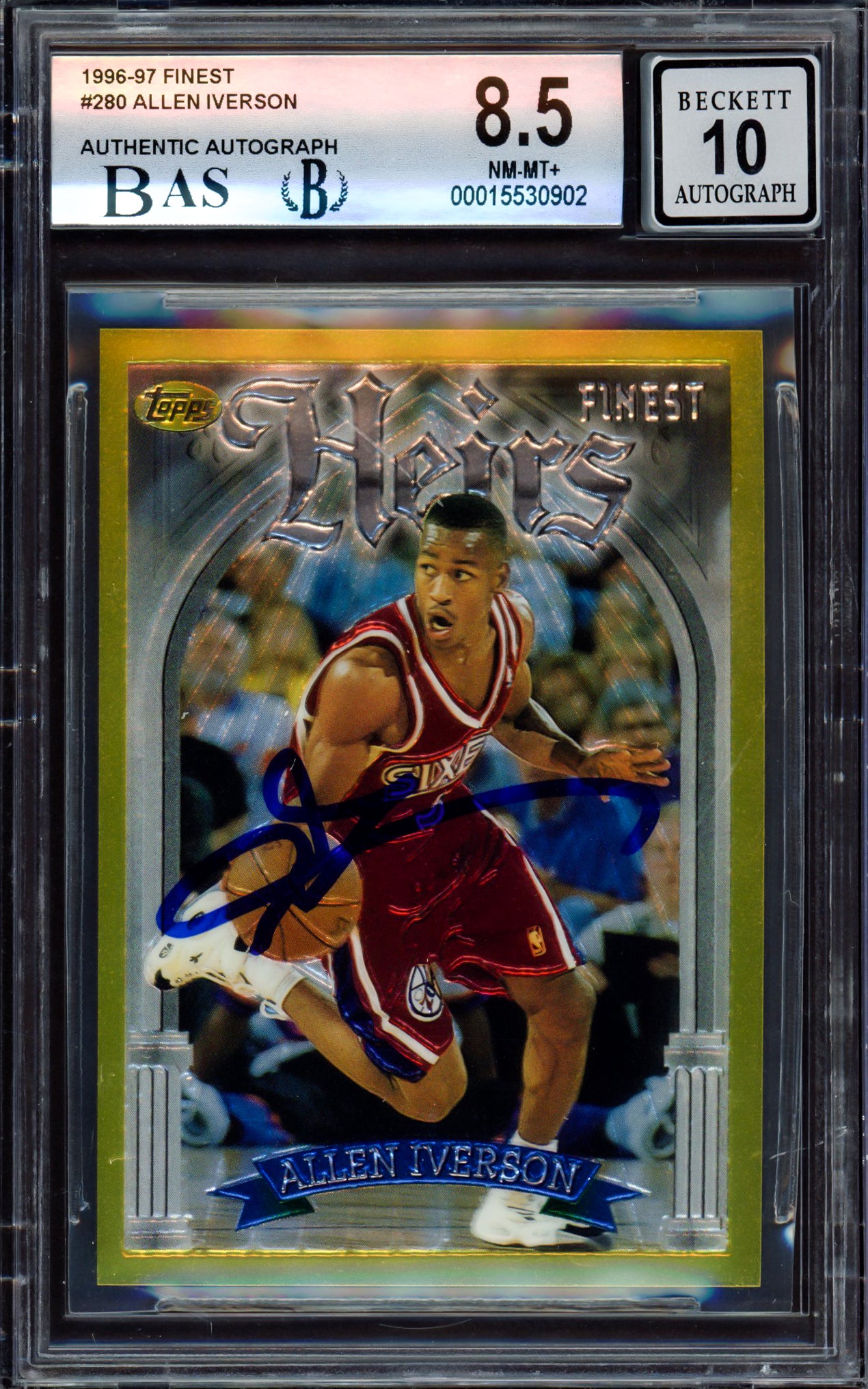 Allen Iverson Autographed 1996-97 Finest Gold Rookie Card #280 Philadelphia 76ers BGS 8.5 Auto Grade Gem Mint 10 - Beckett Certified BAS #15530902 - Perfect for NBA Memorabilia Collectors and 76ers Fans Display
