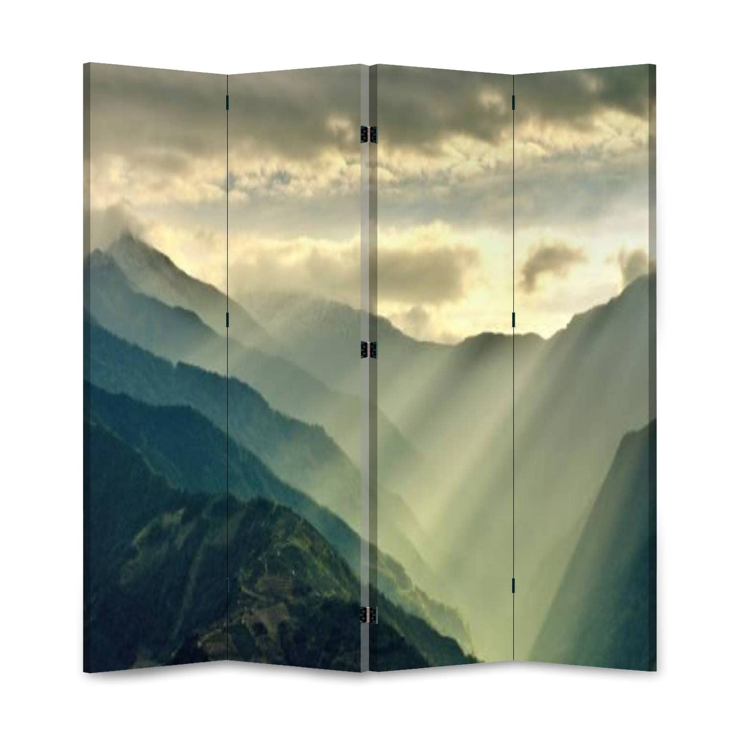 Wooden Room Divider with Sunlight Beams Mountain Design - Folding Privacy Screen, Double-Sided Canvas Partition Wall for Home & Office (4-Panel, Foldable, Indoor Display) - Perfect for Living Rooms, Bedrooms, and Studio Spaces