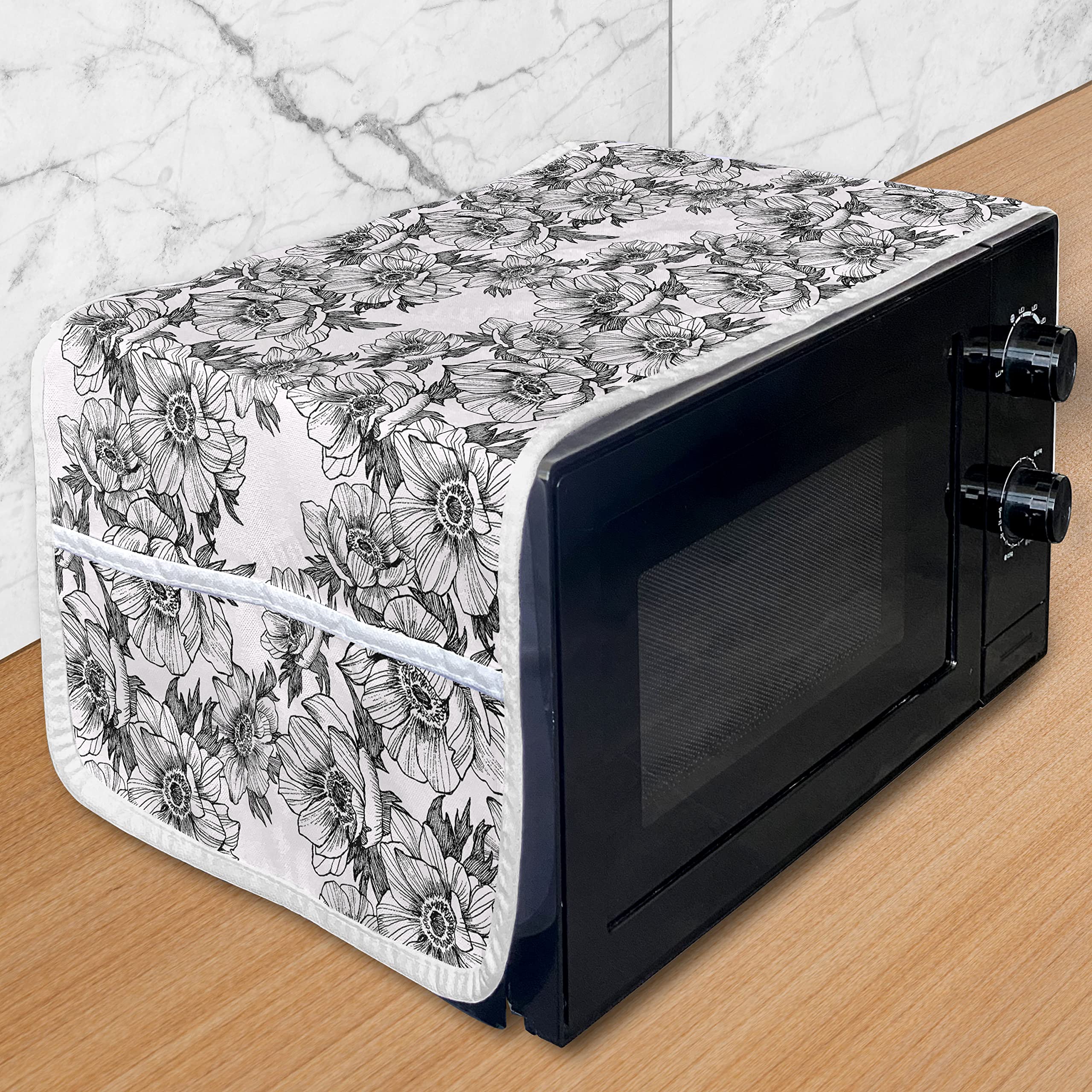 Ambesonne Floral Microwave Cover - Botanical Hand-Drawn Blossom Design, Waterproof Kitchen Organizer with Pockets (36