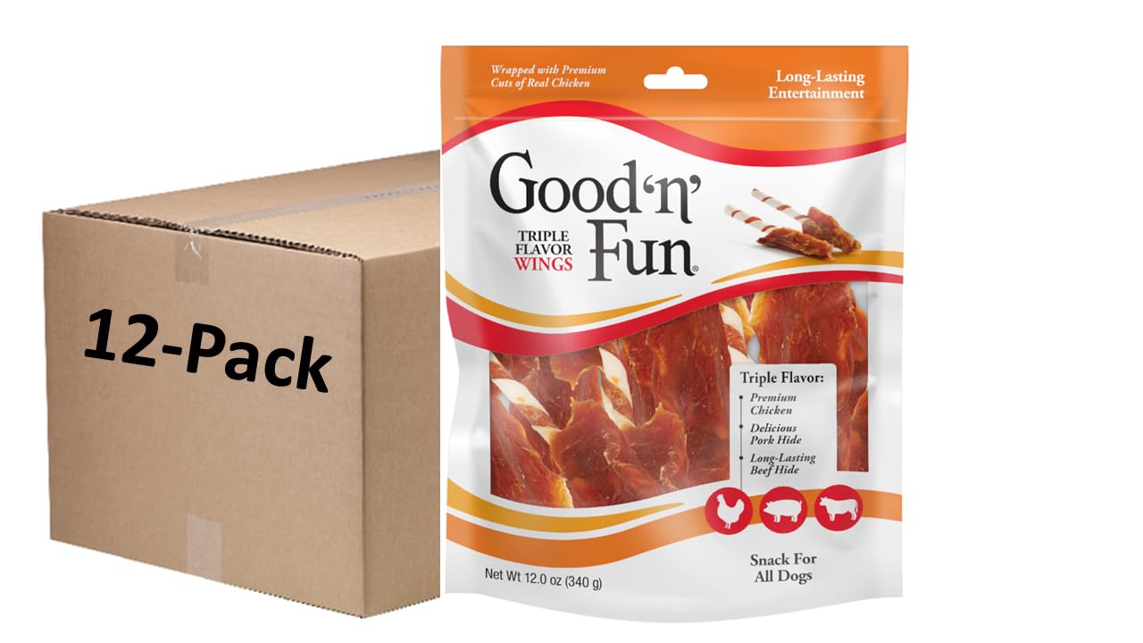 Good ‘n’ Fun Triple Flavor Dog Chews - Chicken, Pork Hide & Beef Hide Long-Lasting Treats for All Dogs (12oz) - Perfect for Training Rewards, Dental Health & Playtime