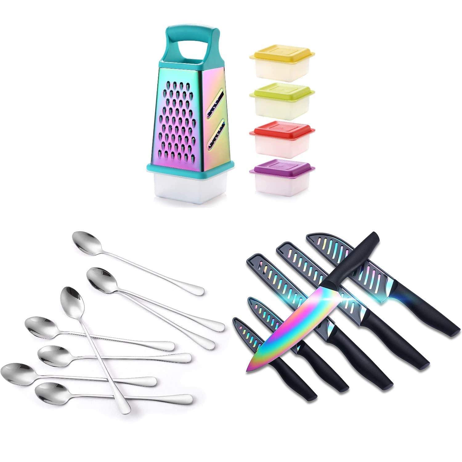 KYA57 Rainbow Titanium Box Grater + KYA60 Marco Almond Iced Tea Spoon + KYA36 Rainbow Titanium 12-Piece Stainless Steel Kitchen Knife Set with Sheath - Perfect for Home Cooking, Baking & Entertaining