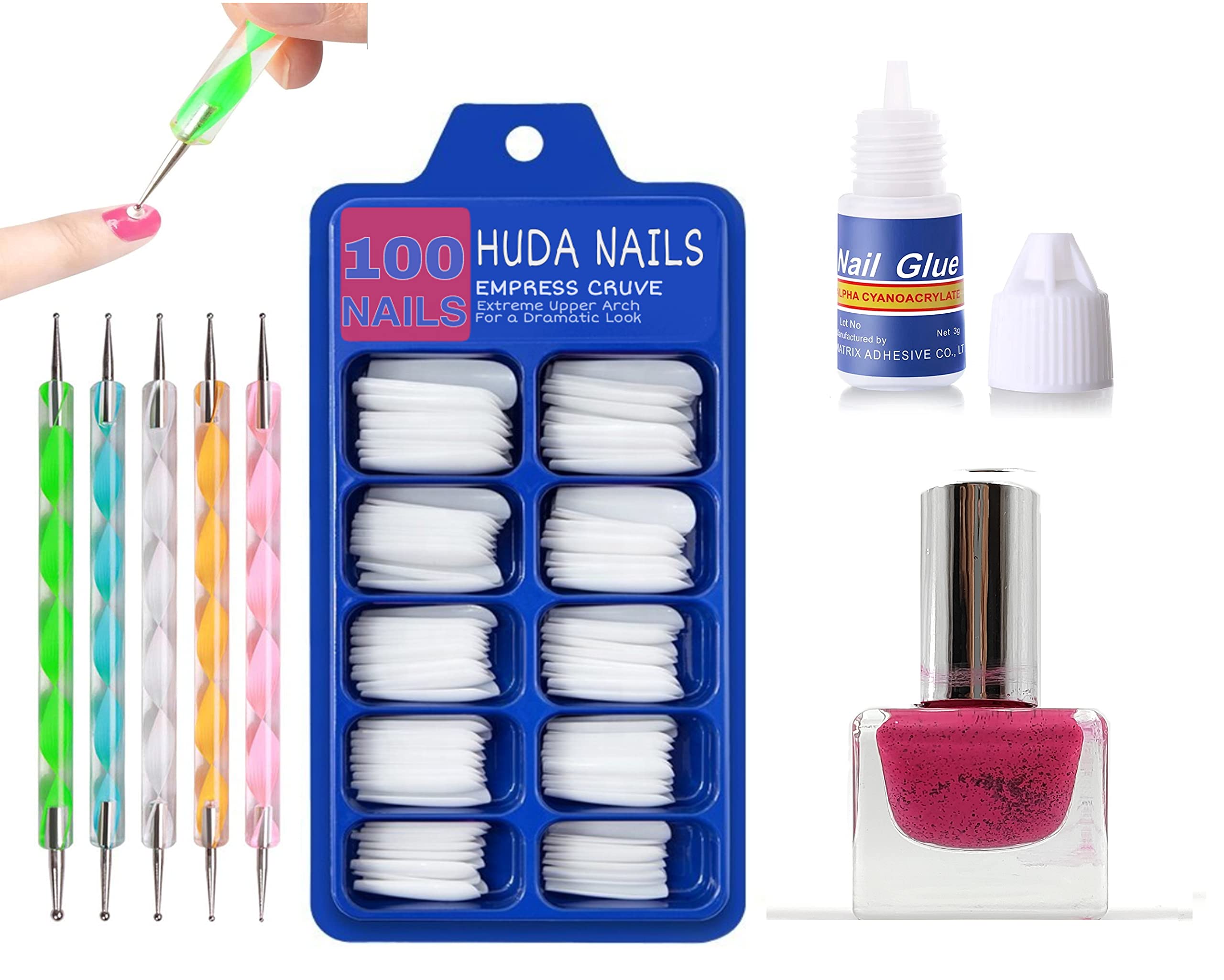 Huda Beauty Nail Art Kit for Girls - 100Pcs Natural Look Fake Nails Set with Nail Glue, 5 Dotting Pens & Long Lasting Pink Matte Nail Polish | DIY Manicure, Party Nails, Gift for Teens & Women