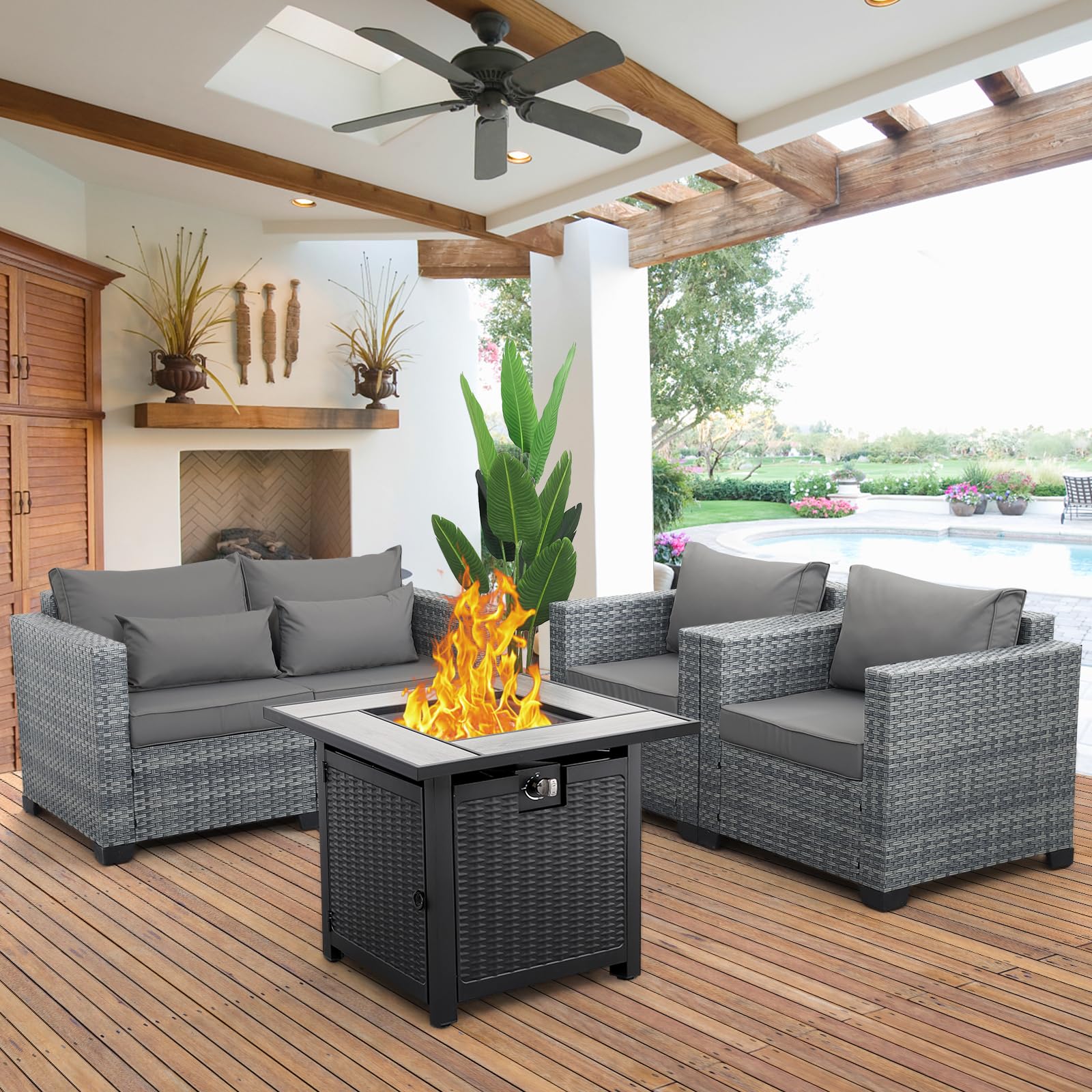 WAROOM 4-Piece Outdoor Patio Furniture Set - Gray PE Rattan Sectional Sofa with Storage Table & Anti-Slip Cushions, Perfect for Backyard, Garden, Poolside & Balcony Conversation Areas