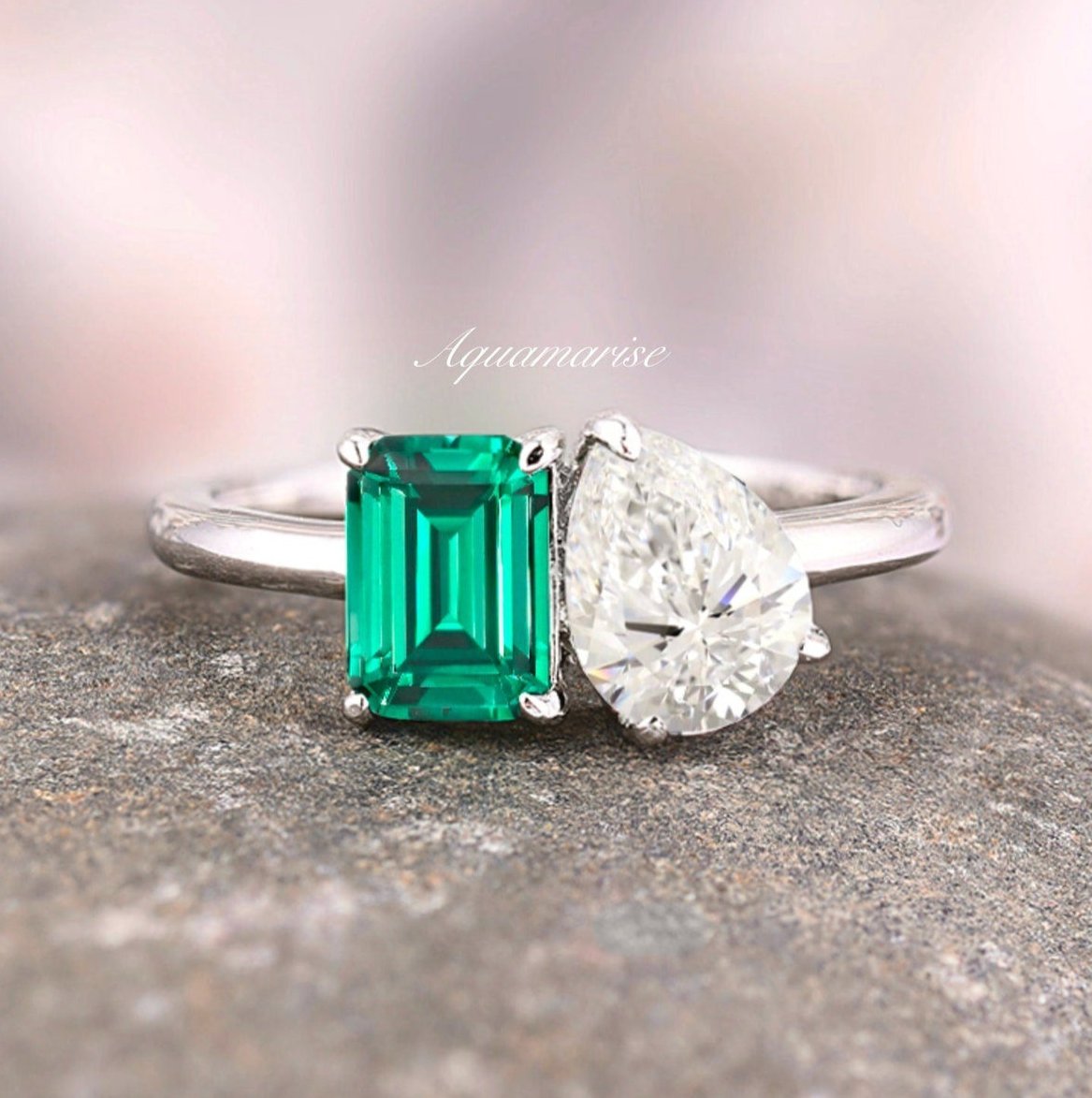 Minimalist 'Toi Et Moi' Emerald & Diamond (CZ) Ring - 925 Sterling Silver Engagement Jewelry for Women - Perfect for Anniversary, Proposal & Romantic Gifts