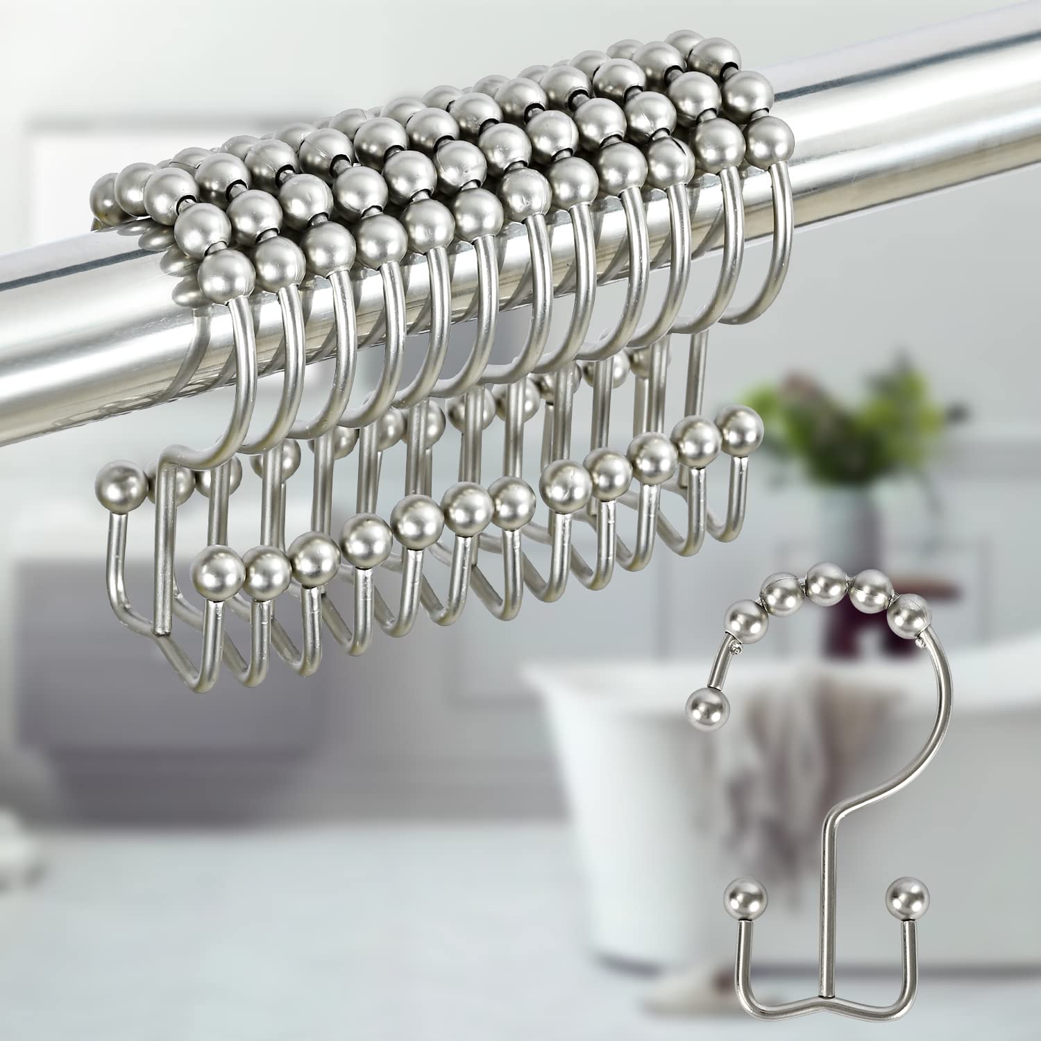 DERZGAO 12-Pack Double Sided Shower Curtain Hooks - Matte Nickel Finish, Rust-Proof Roller Ball Design for Bathroom Decor & Easy Curtain Gliding - Perfect for Home, Hotel, and Spa Bathrooms