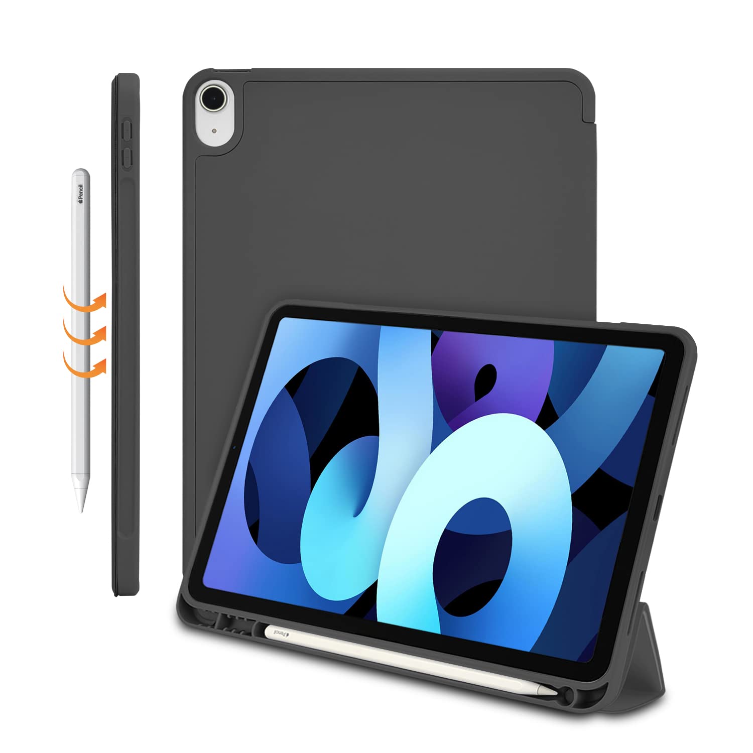 CLARKCAS iPad Air 5th Generation 2022 & iPad Air 4th Generation 2020 10.9 Inch Case with Pencil Holder - Auto Sleep/Wake, Trifold Stand, Lightweight TPU Cover (Black) | Perfect for Work, School & Travel Protection