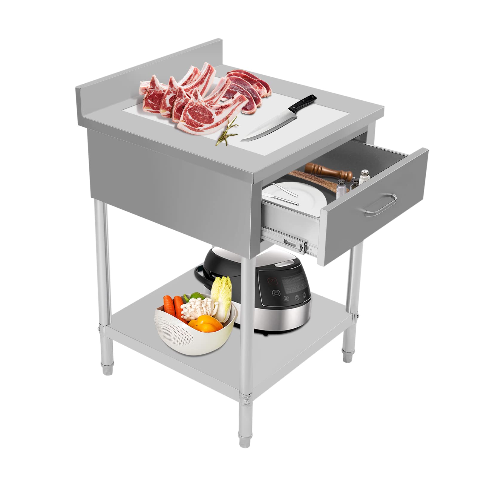24 x 24 Inch Stainless Steel Commercial Food Prep Table - Heavy Duty Kitchen Workstation with Drawer, Undershelf & Backsplash - Ideal for Restaurant, Bakery, Catering & Home Kitchen Use