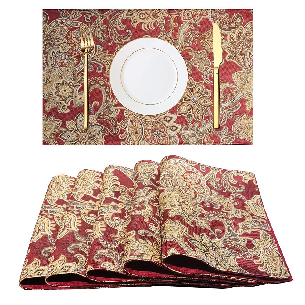 Luxury Retro Placemats Set of 6 - Machine Washable, Non-Slip & Heat Resistant Fabric Dining Table Mats for Indoor Use (Red) - Perfect for Holiday Dinners, Family Gatherings & Formal Dining Decor
