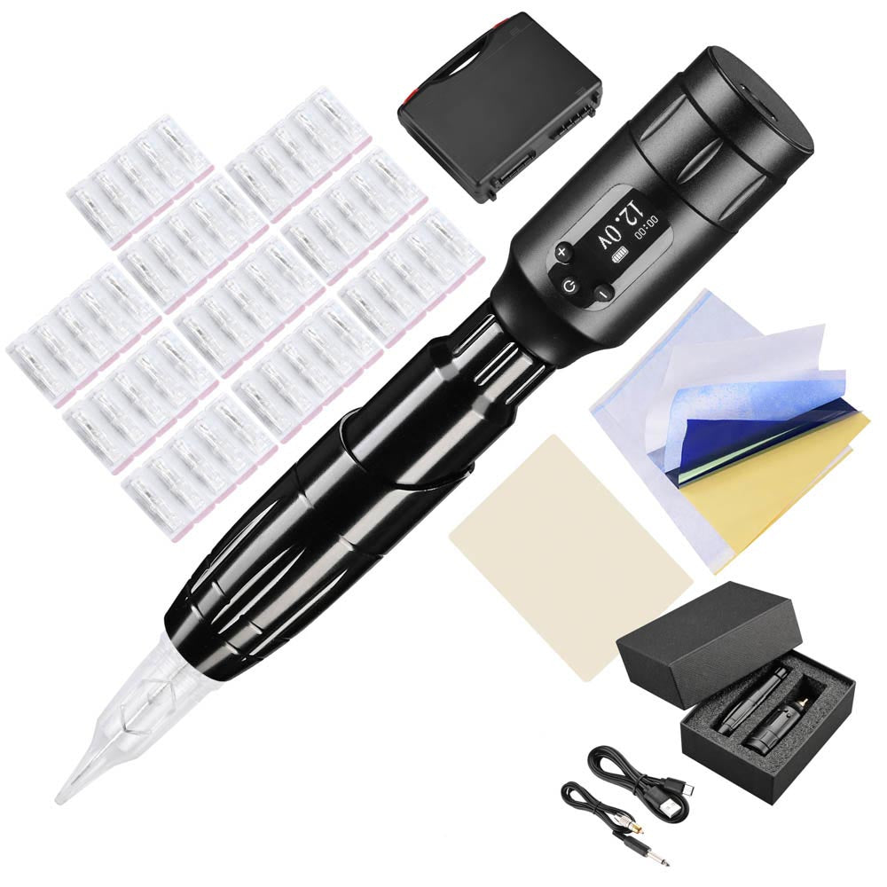 Professional Rotary Tattoo Machine Kit with Battery - Includes 50 Sterile Tattoo Needles & Portable Carry Case - Perfect for Tattoo Artists, Beginners & Home Tattoo Practice