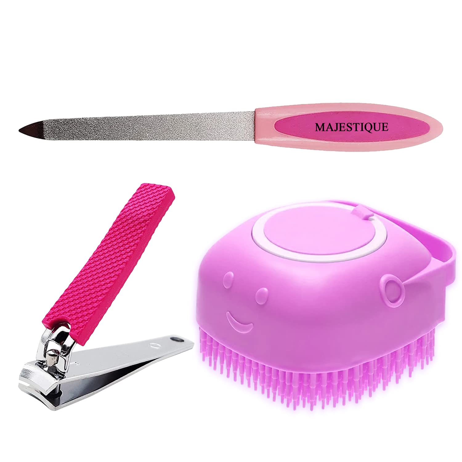 Majestique Nail Clipper & Filer Set with Soft Silicone Brush - Professional Nail Care Kit for Deep Cleaning, Cuticle Care & Relaxation - Home Spa Manicure Pedicure Essentials (Pack of 3) - Perfect for DIY Nail Care, Travel & Gift Giving