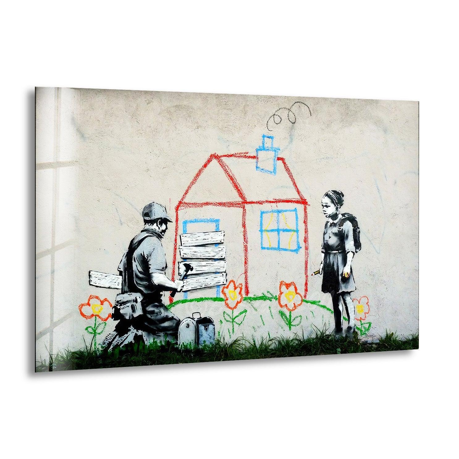 Banksy Kids House Glass Wall Art - Modern Home Decor for Living Room, Bedroom & Office - Unique Street Art Inspired Stained Glass Panel
