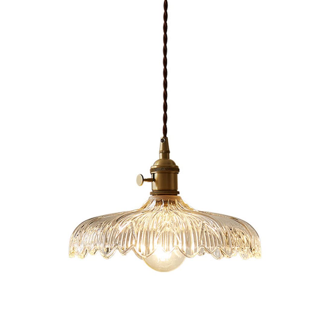 Modern Brass Pendant Light Fixture - Industrial Glass Ceiling Hanging Light with Scalloped Shade - Clear Glass Pendant Lighting for Bedroom, Living Room, Dining Room, Kitchen (7.9 Inch) - Perfect for Farmhouse, Loft & Industrial Style Home Decor